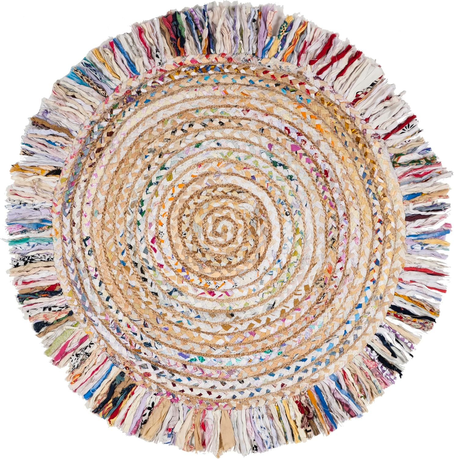 Boho Fringe Jute & Cotton Area Rug – 5′ Round, Ivory & Light Beige