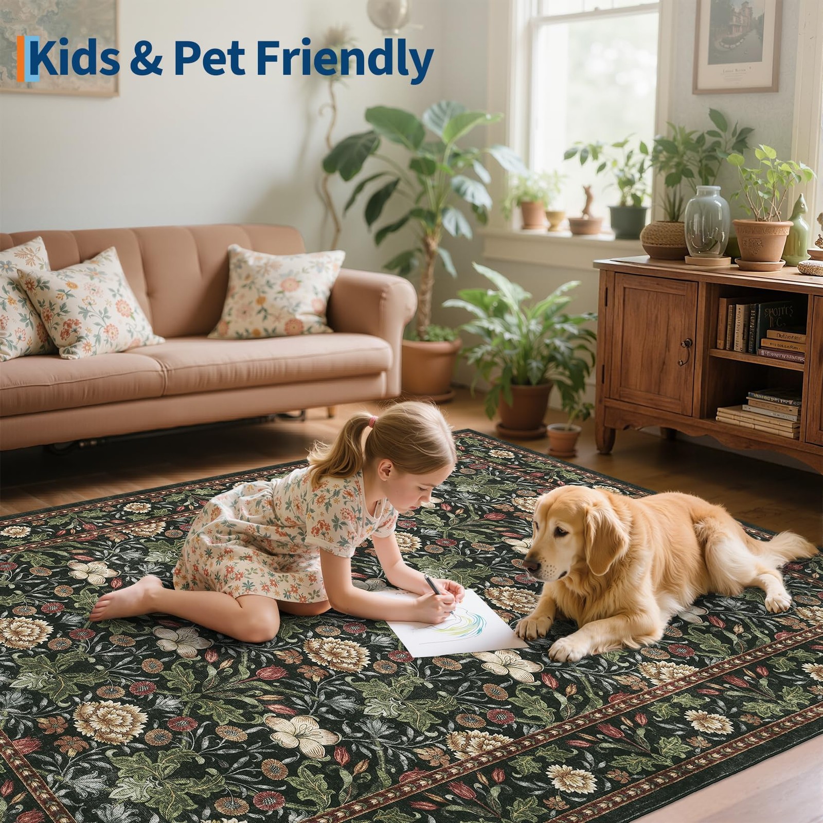 GarveeHome Green Washable Area Rug 5×7, Retro Floral Low Pile Non Slip Living