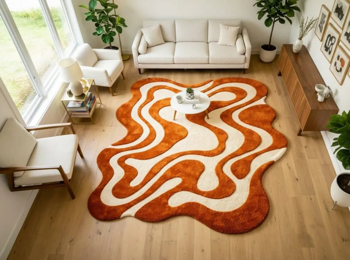 Hand Tufted Wool Area Rug, Burnt Orange Wave Pattern, Mid Century Abstract Rug.
