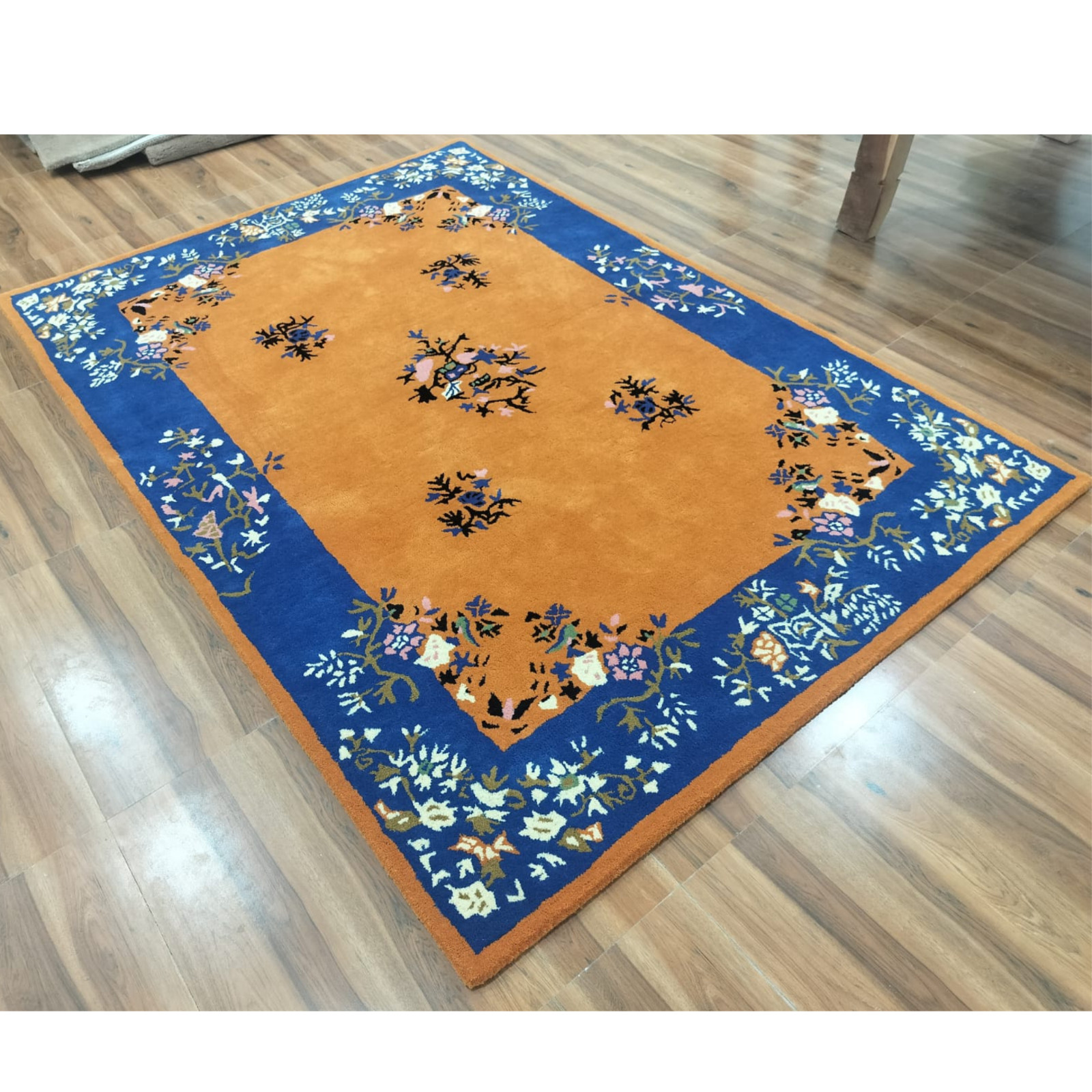 Handmade Tufted Wool Area Rug Blue Floral Border Carpet Modern Living Room Rug