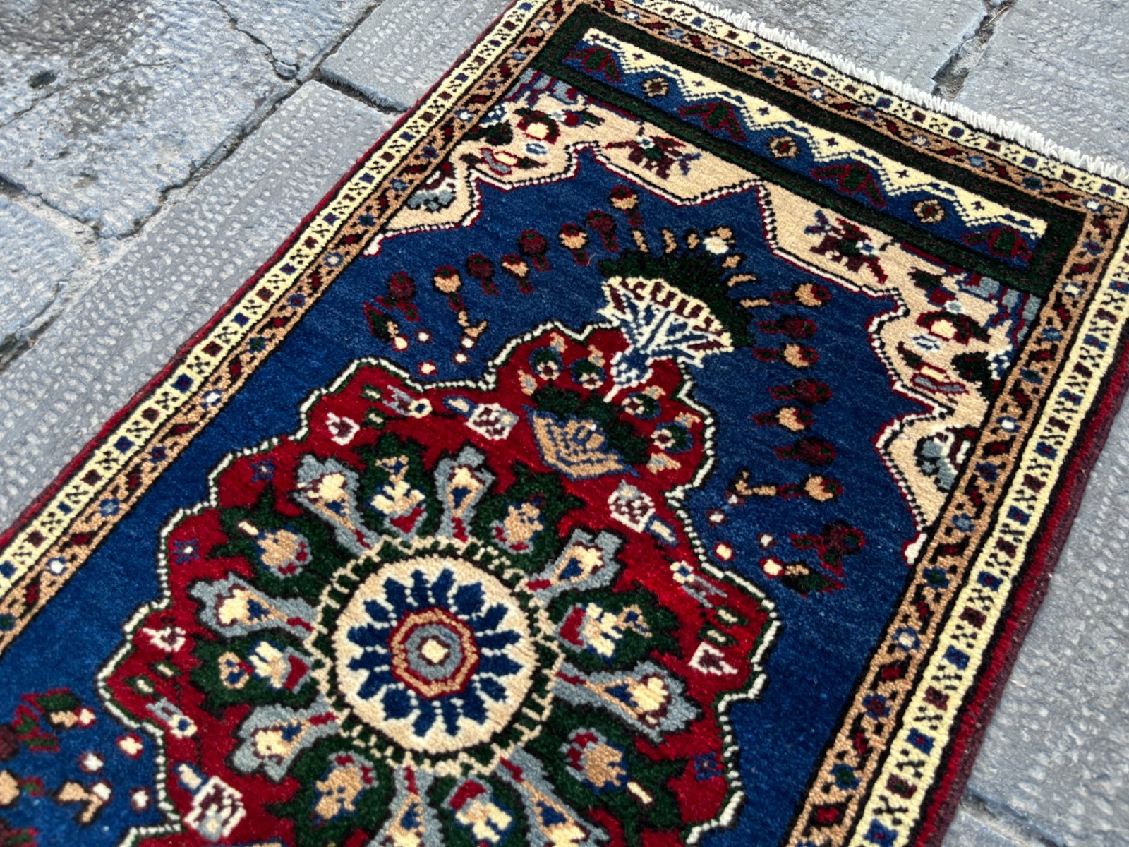 Small Vintage Turkish Rug 1.7×3.2 ft Navy Blue Red Wool Boho Mat 20×38 in