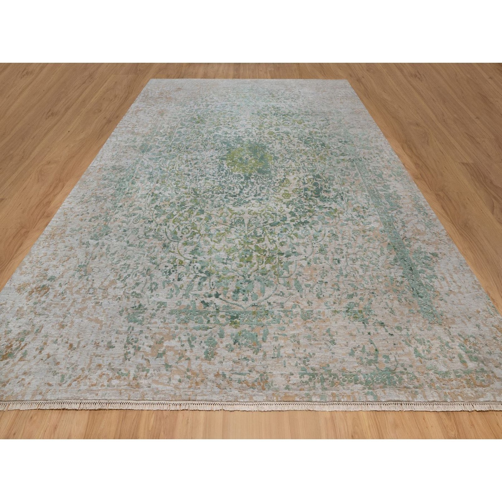11’10″x15’1″ Green Erased Medallion Design Hand Knotted Wool & Silk XL Rug 92462