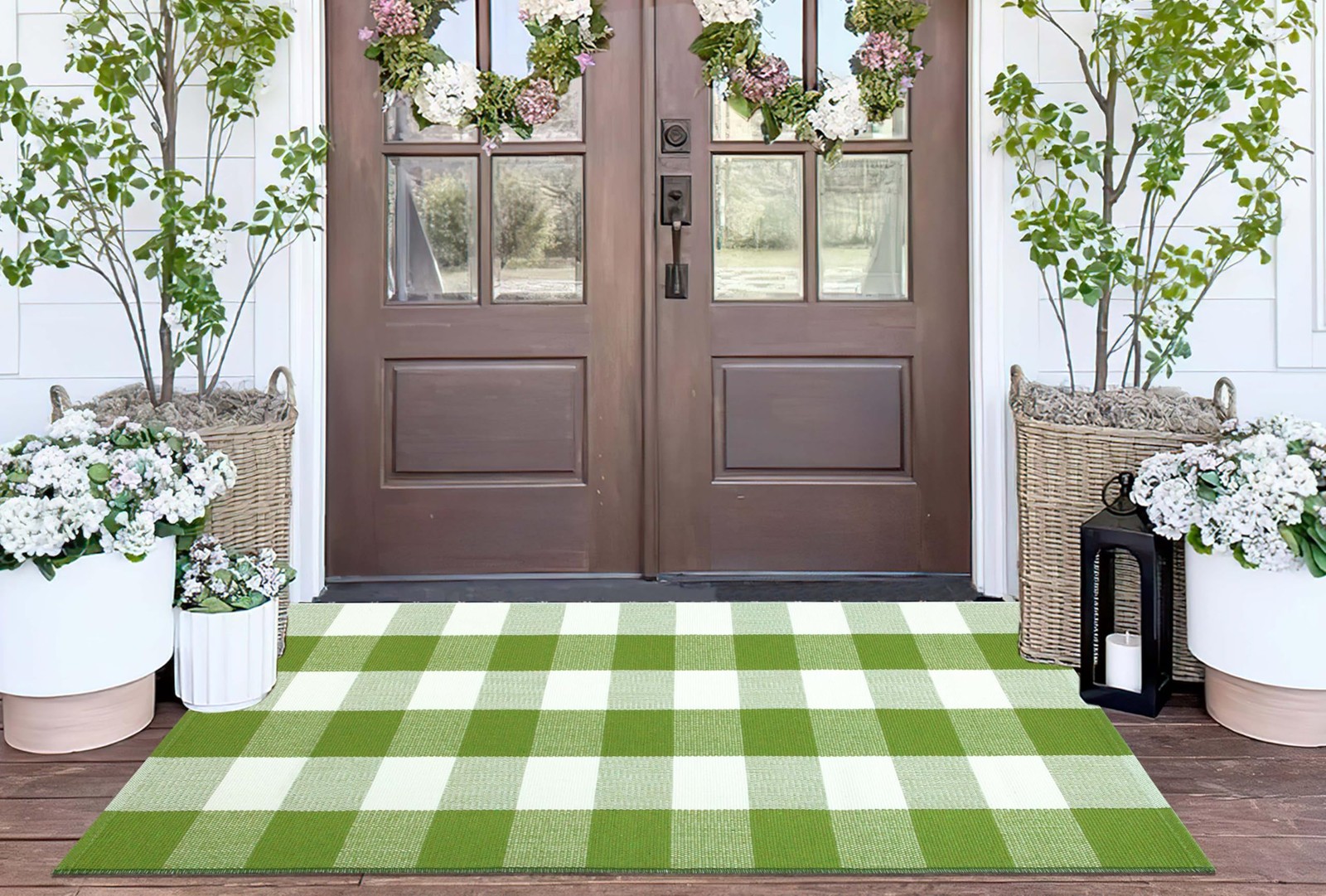 Green and White Front Porch Rug 2’X4.3’Buffalo Plaid Checked Outdoor Rug Cott…