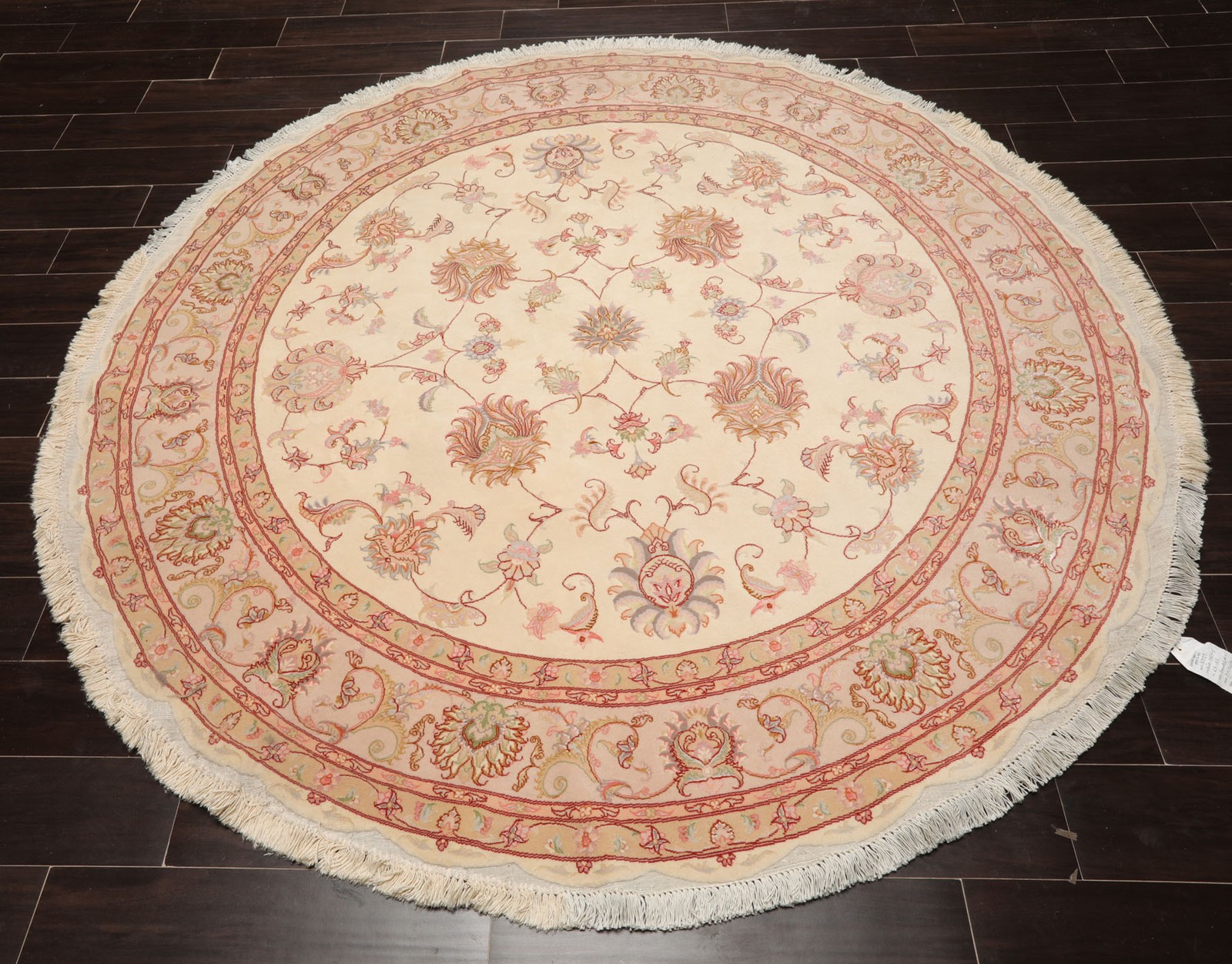 6’6”x6’6” Round Hand Knotted Wool & Silk Ivory Tabrizz 400 KPSI Area Rug
