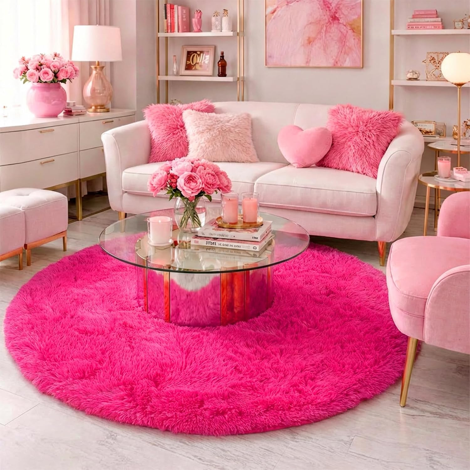 Hot Pink Fluffy round Rug 4Ft for Girls Bedroom Kids Room Nursery | Shaggy Plush