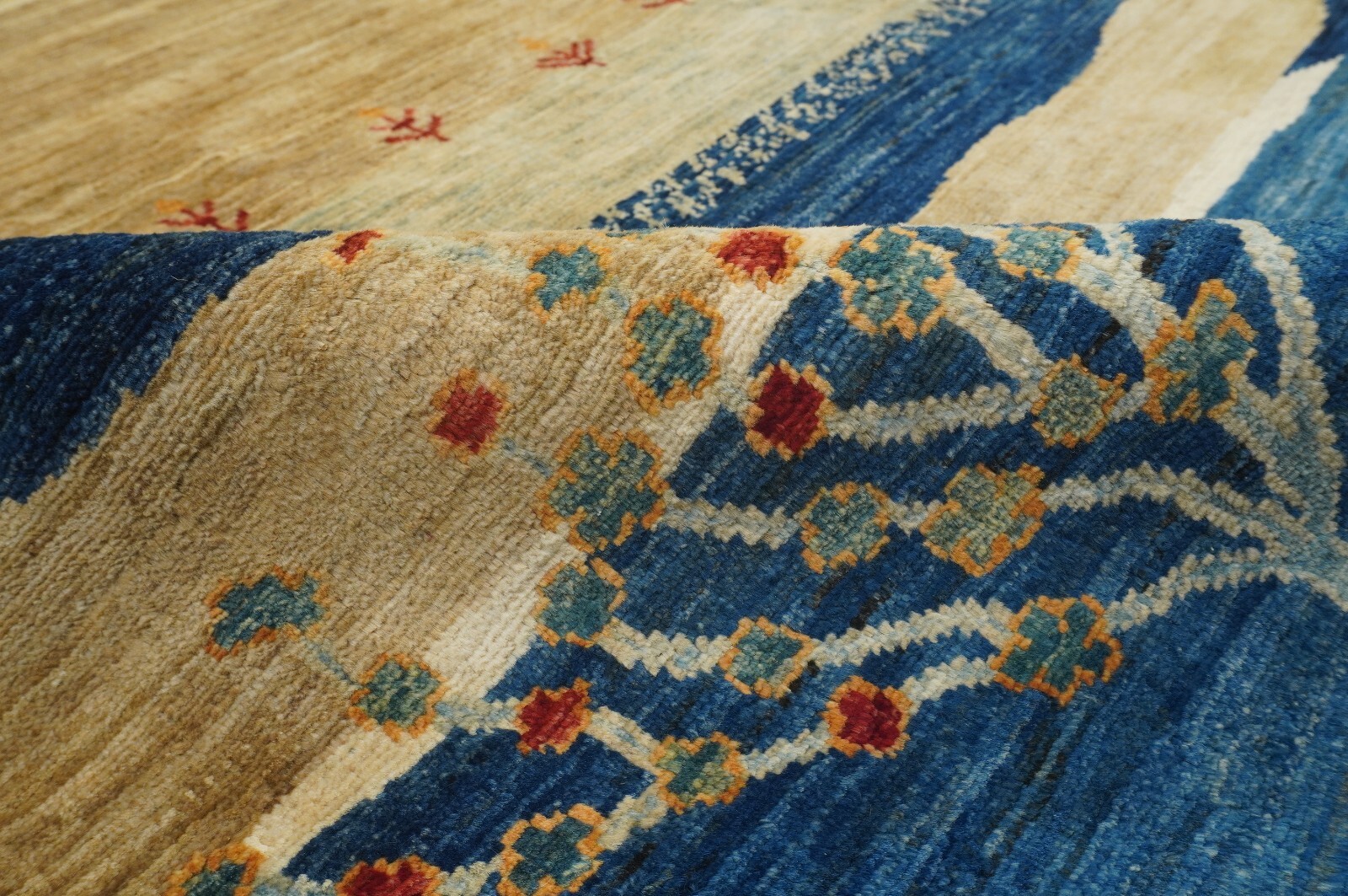 9 x 12 ft Navy Blue Beige Landscape Gabbeh Tribal Afghan Hand Knotted Area Rug
