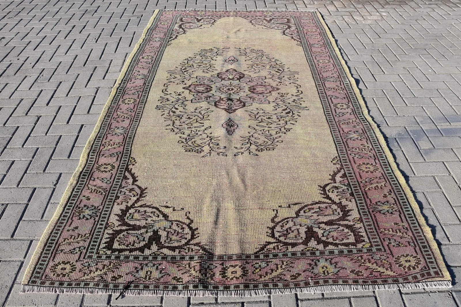 Turkish 5,6×9,3 ft Rug, Large Vintage Rug, Beige Striped Wool Rug