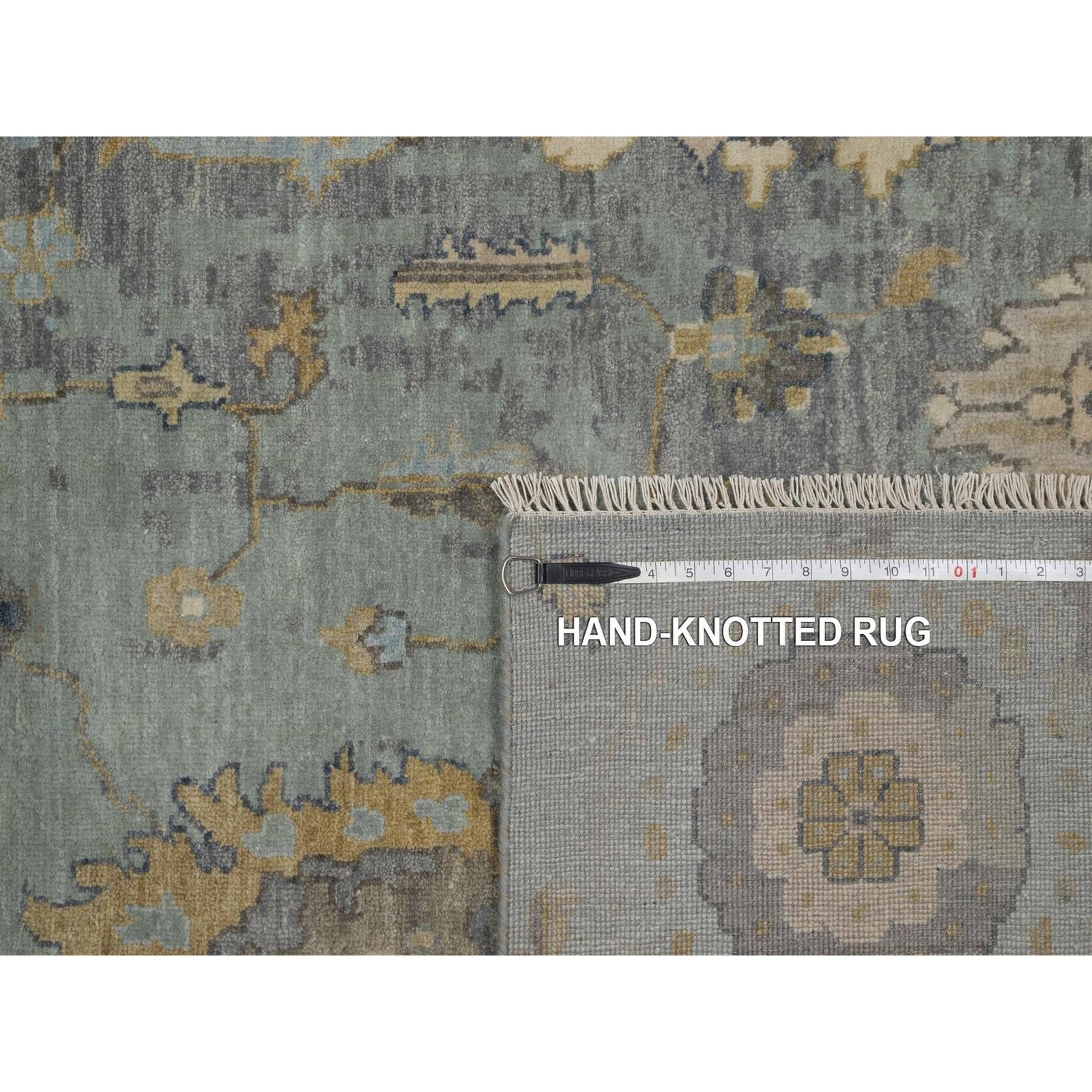 8’7″x12′ Silt Green Pure Wool Rug Oushak with Leaf Pattern Hand Knotted 91809