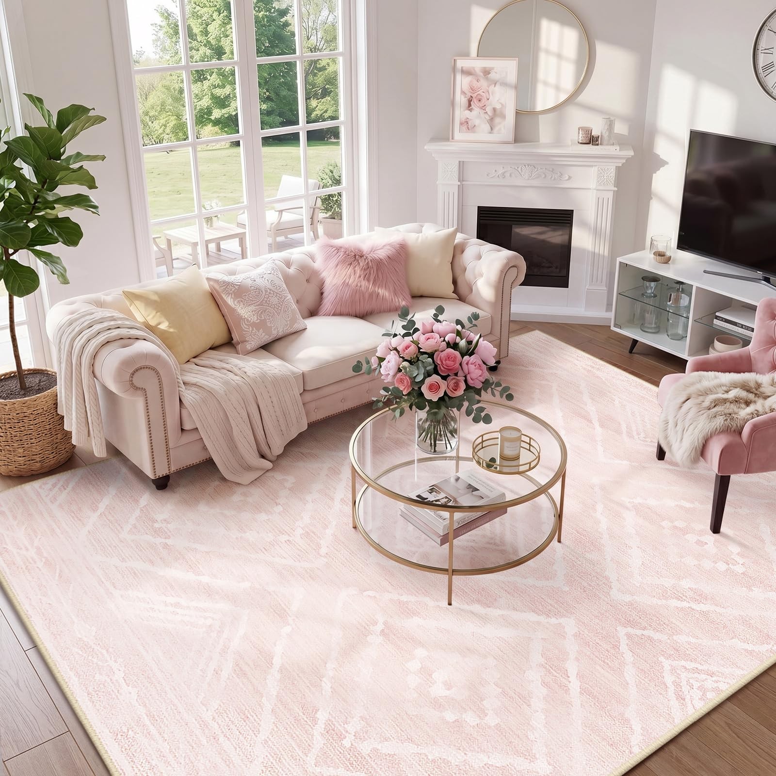 5×7 Area Rug Washable Low Pile Western Print Entryway Tribal Light Pink Cream