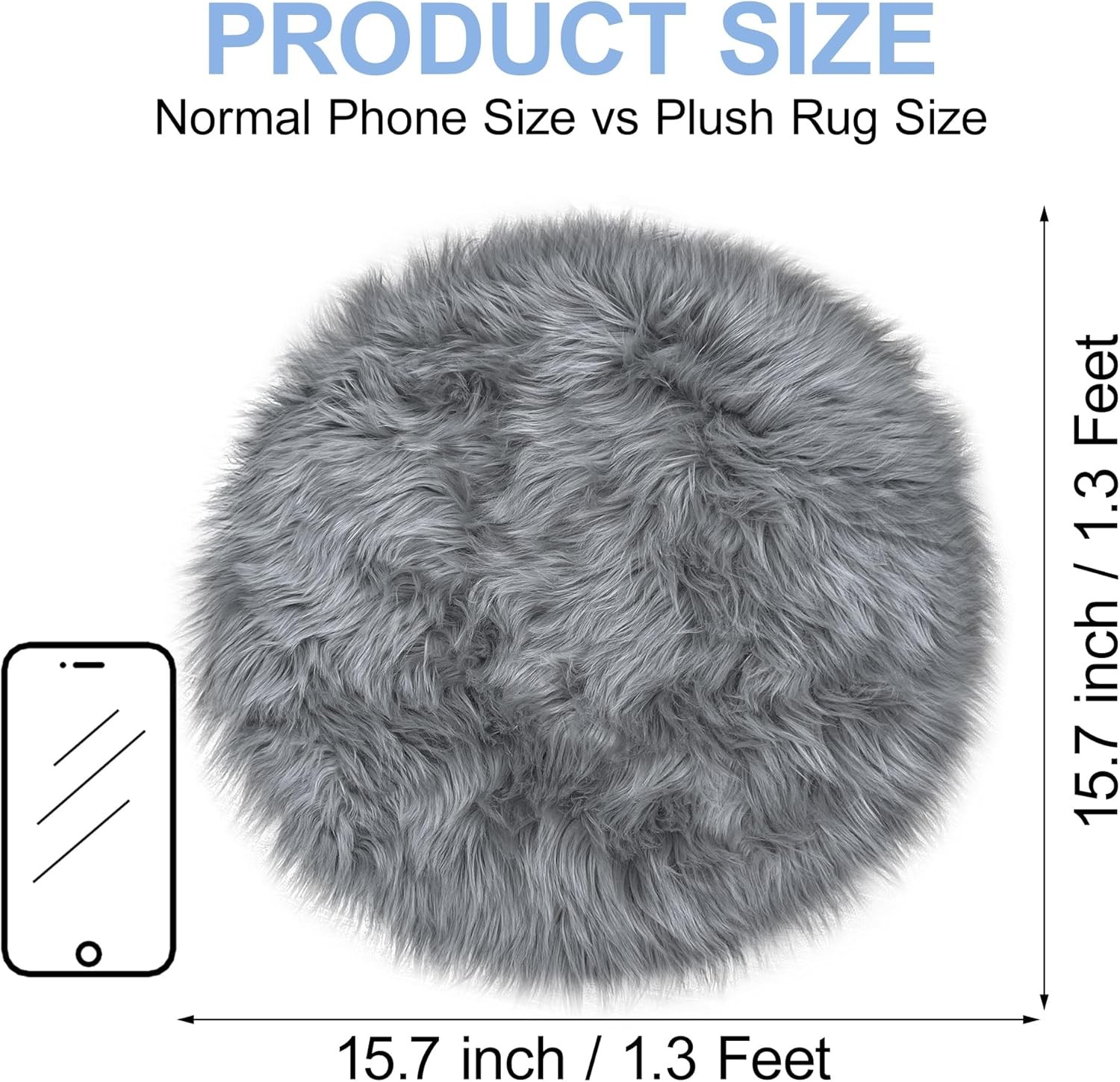 15.7 Inch Small Fur Rug Round Sheepskin Rug, Small Fluffy 1.3×1.3 ft Round Grey