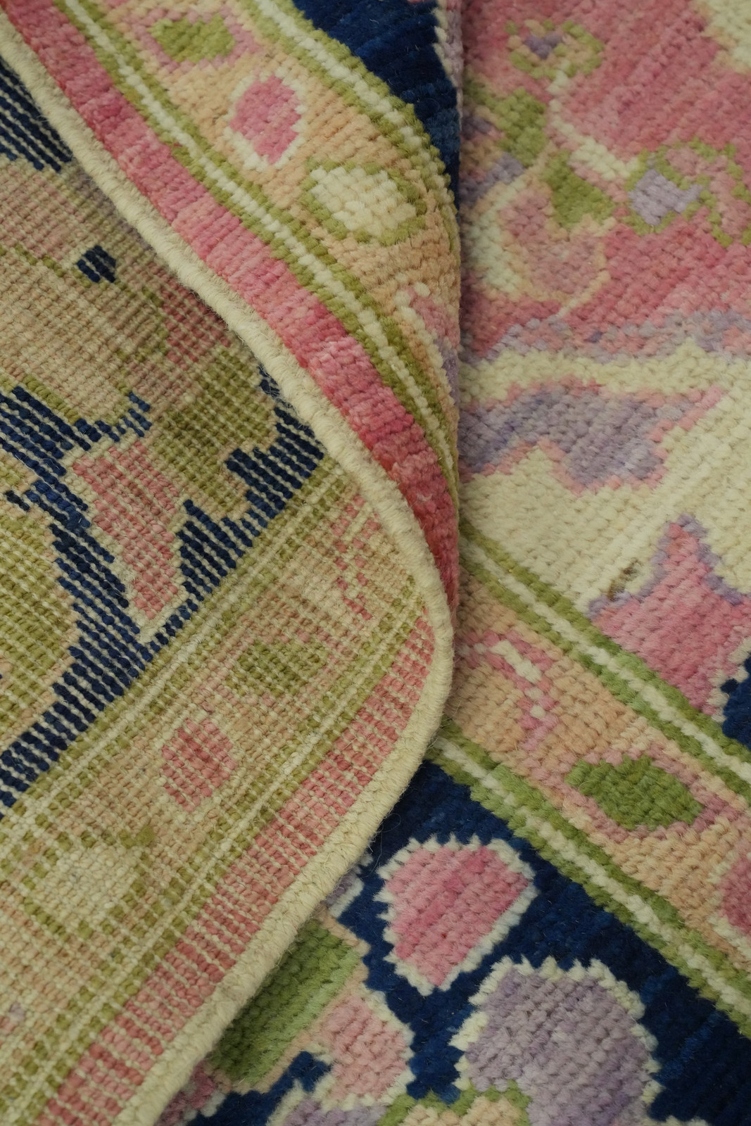 Vegetable Dye Pink/ Navy Blue Oushak Turkish Rug 5×7 ft Hand-knotted Wool Carpet
