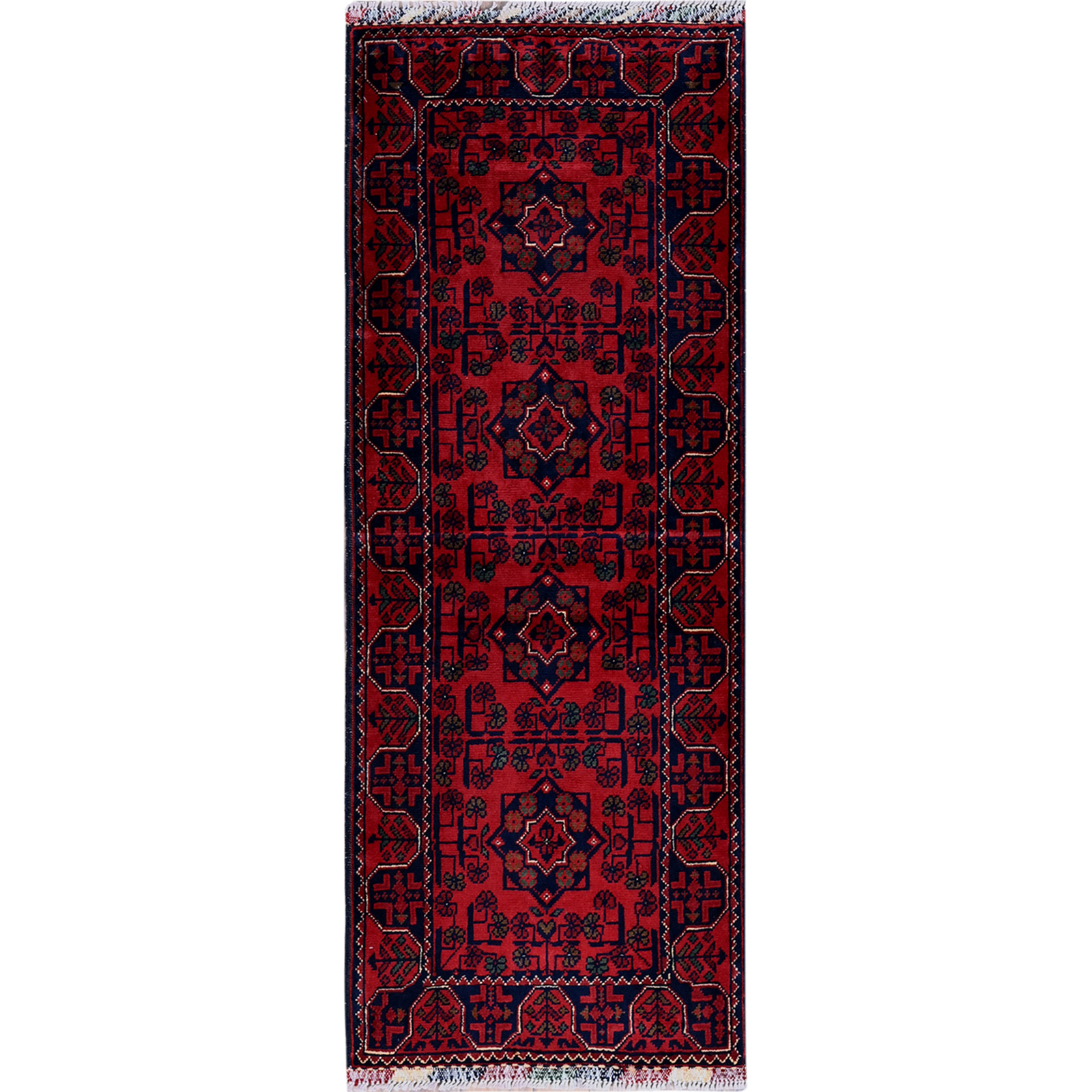 1’10″x4’10” Red Afghan Khamyab Geometric Hand Knotted Soft Wool Runner Rug R749