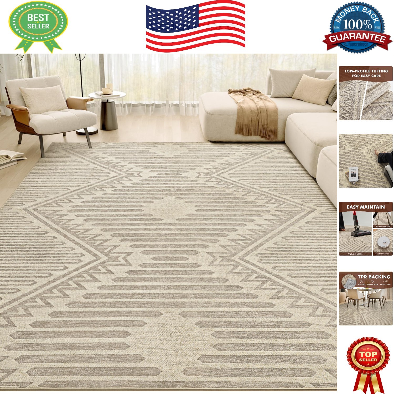 Textured 5×7 Boho Area Rug – Lightweight, Non-Slip for Cozy Living Space