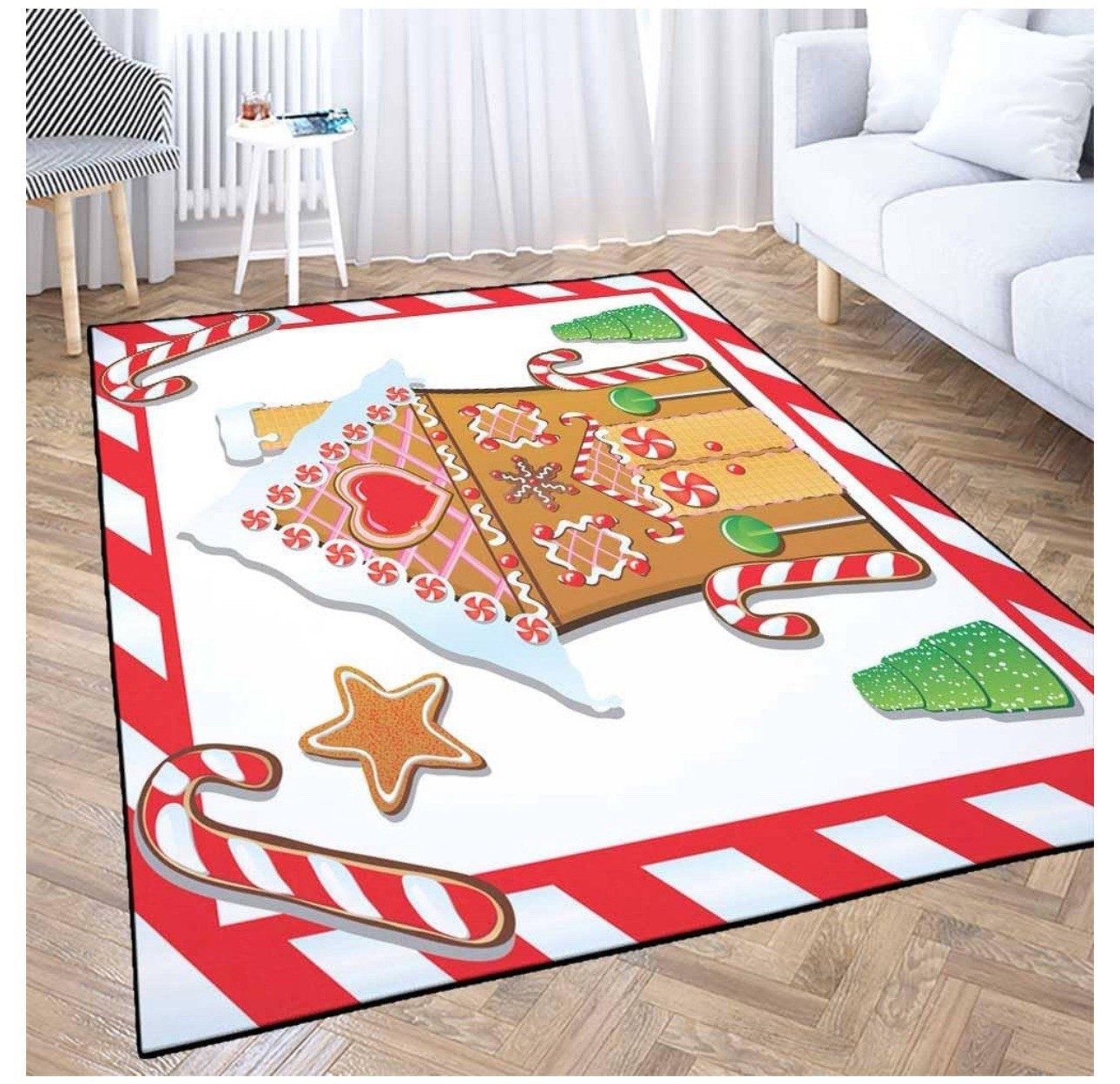 Christmas Area Rugs 5*7 Cute Gingerbread House with Trees Washable (1493)