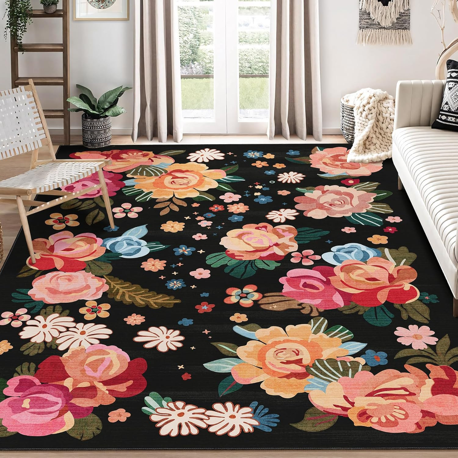 Large Boho Floral 8×10 Washable Area Rug for Living Room & Bedroom