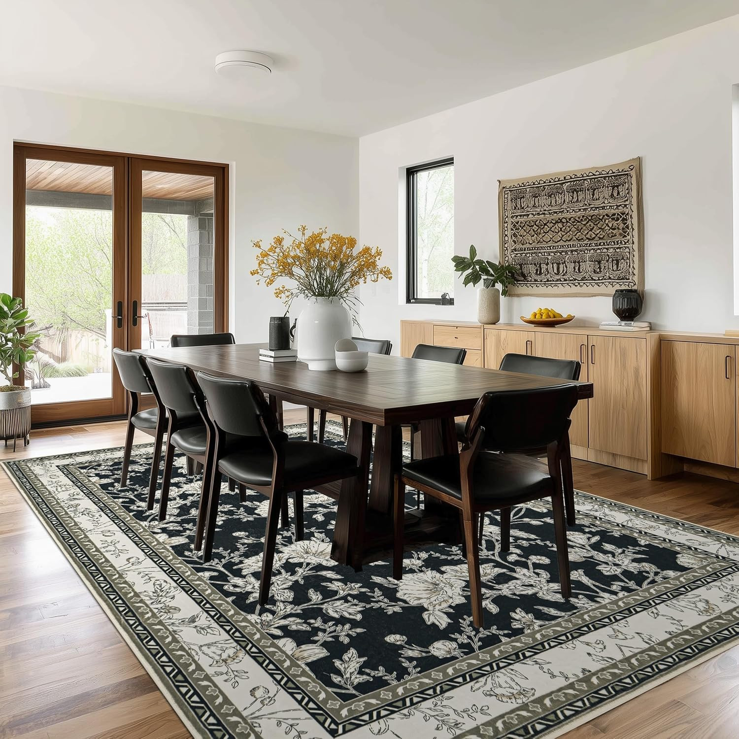 Black Floral Area Rugs 6X9 Living Room, Black with Cream Beige Taupe Flower Desi