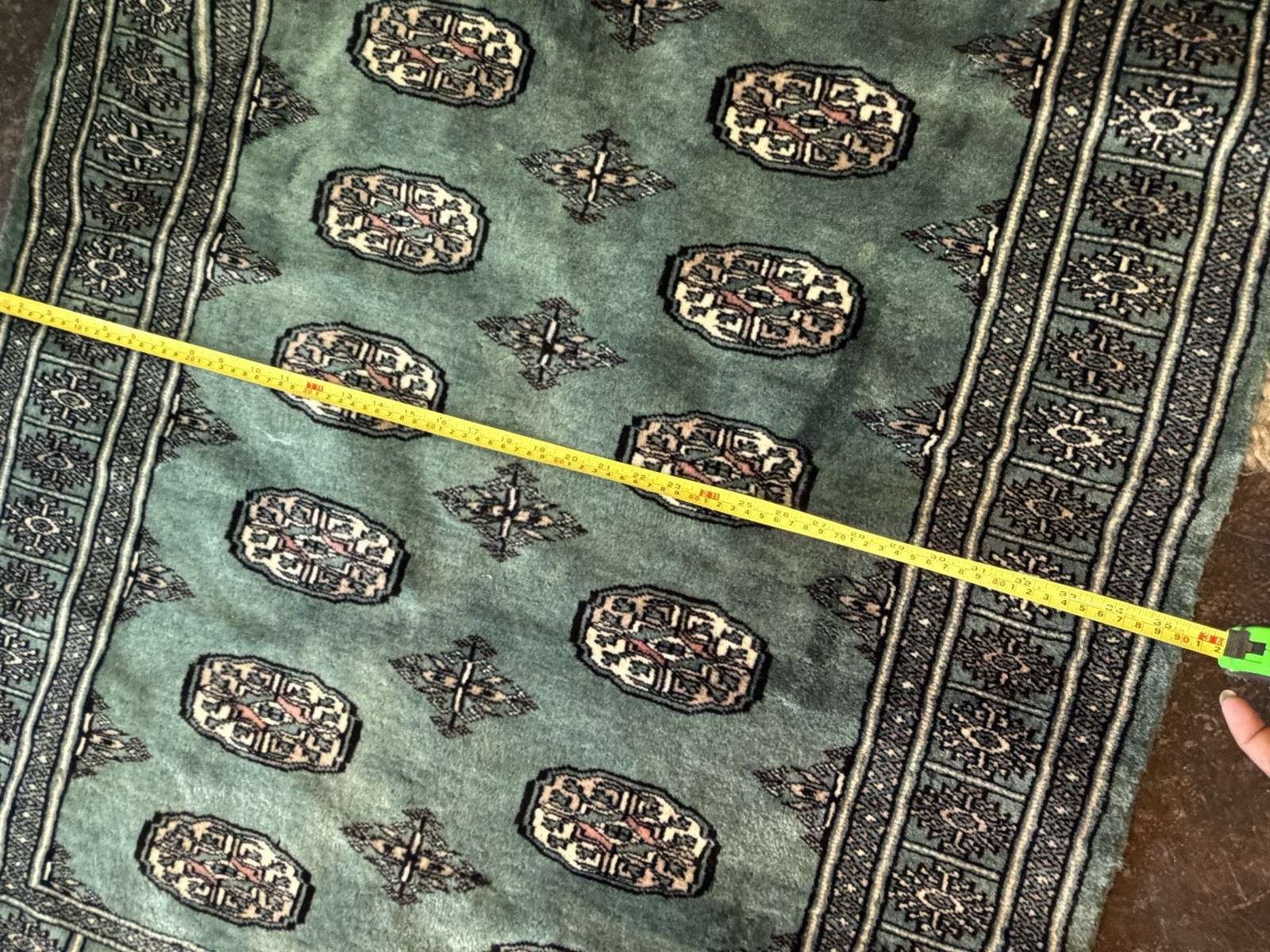 Bokhara Rug Green Wool Tribal Hand-Knotted Carpet Old Vintage Rug