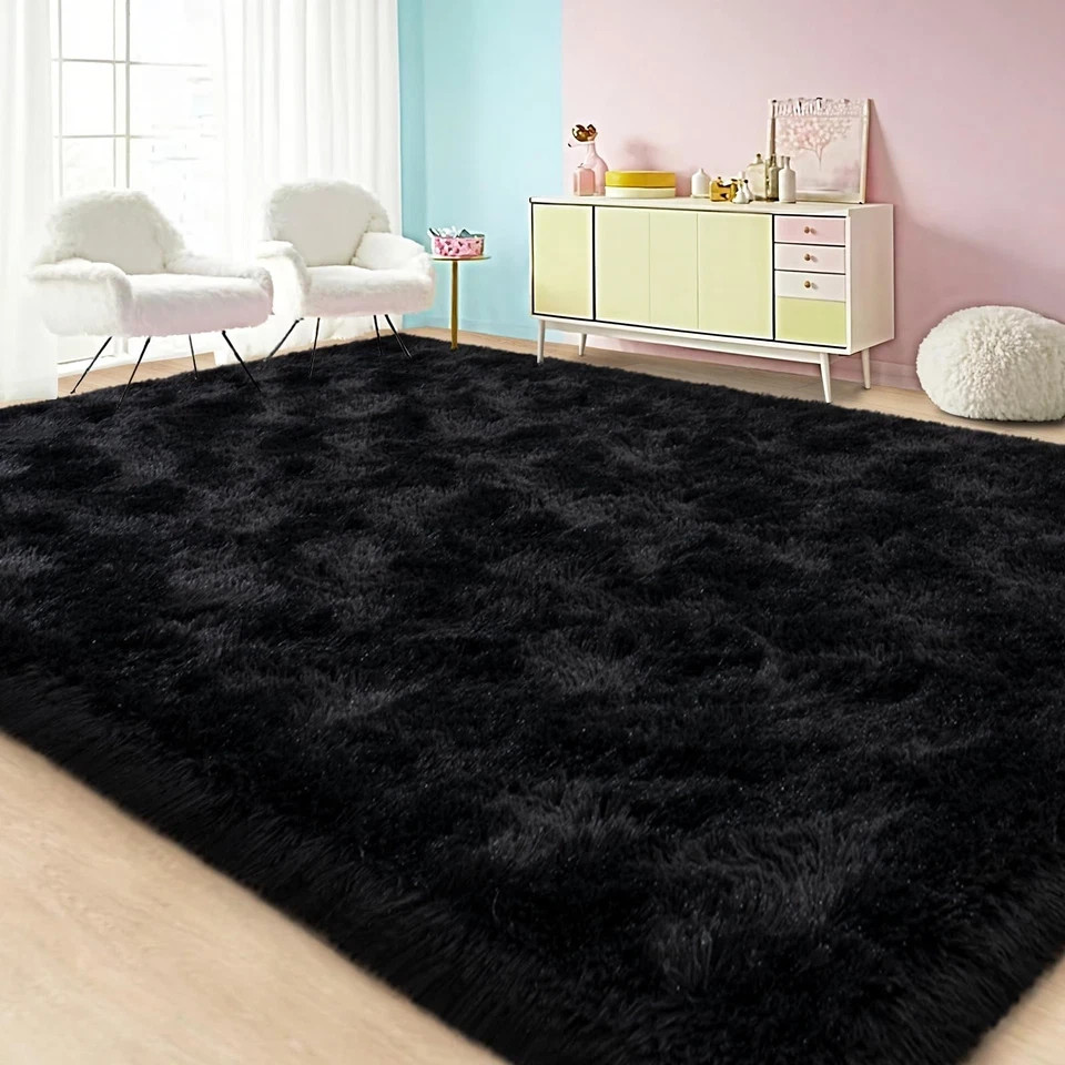 Large Area Rugs for Living Room Bedroom, 8×10 Feet Black Fluffy Shag Rugs, Ul…
