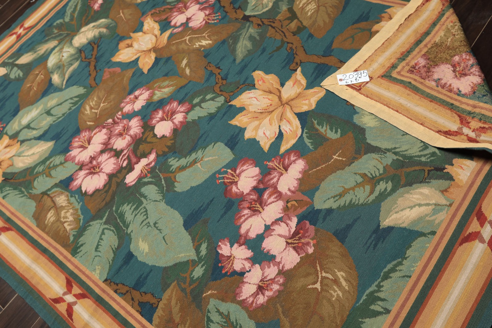 6×8’10” Hand Woven Wool Teal French Aubusson Needlepoint Floral Flatweave Rug