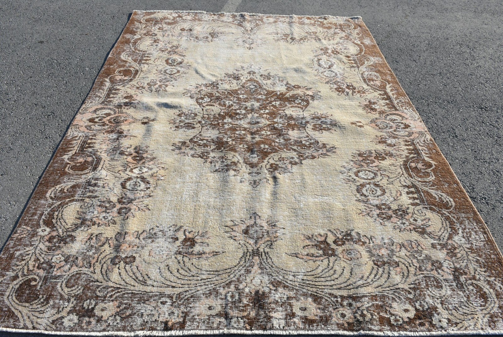 6,6×9,3 ft Rug, Vintage Rug, Turkish Brown Wool Striped Rug