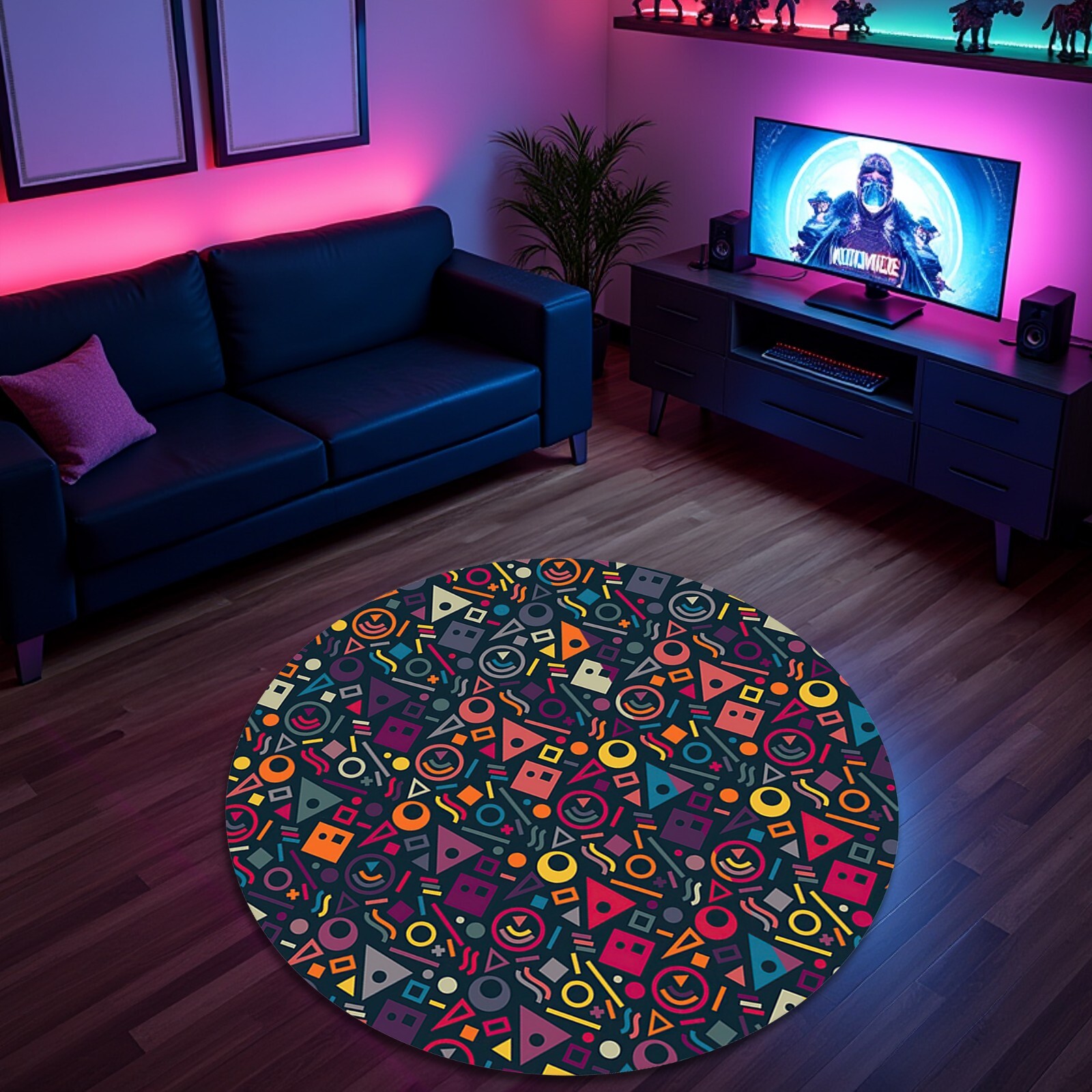 Colorful Retro Arcade Rug Geometric Pattern Game Room Carpet