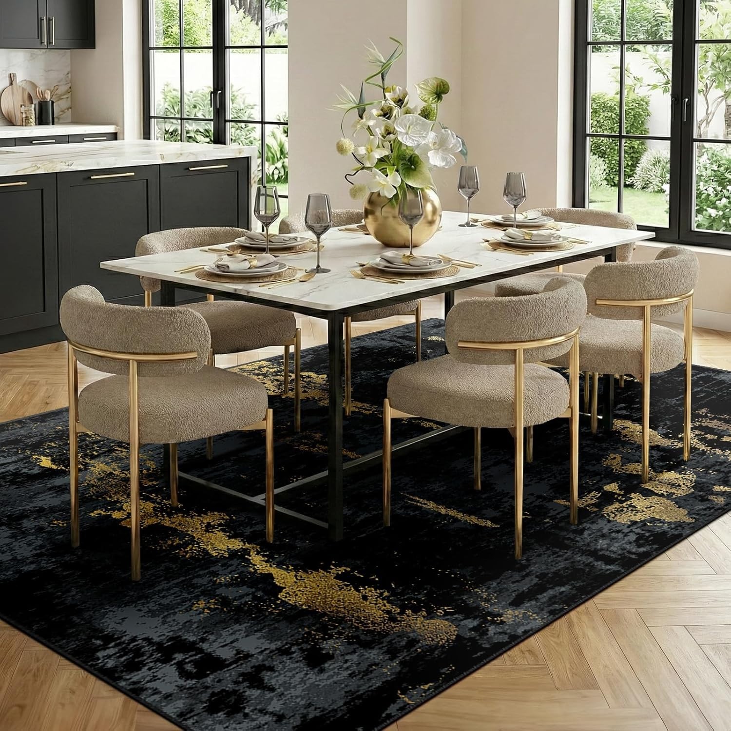 Versatile 8’x10′ Black Gold Abstract Area Rug – Stain Resistant & Easy Care