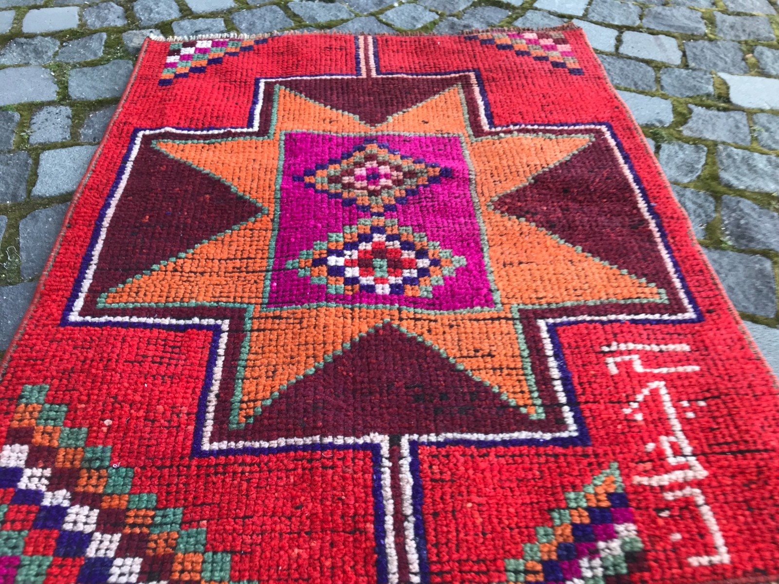 Bohemian Area Rug Handmade Wool Rug Turkish Vintage Traditional Rug 2,4 x 3,0 ft