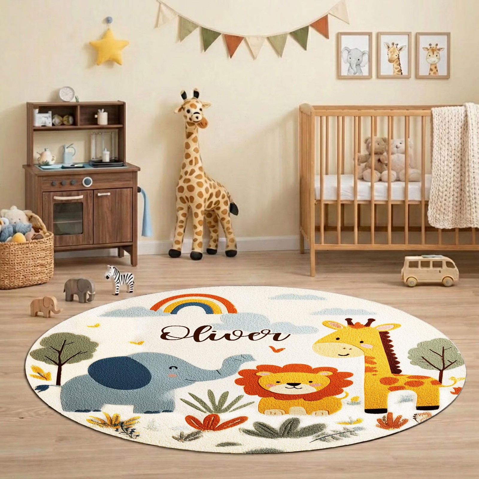 Personalized Safari Round Rug Kids Room Jungle Animals Nursery Custom Name Playr