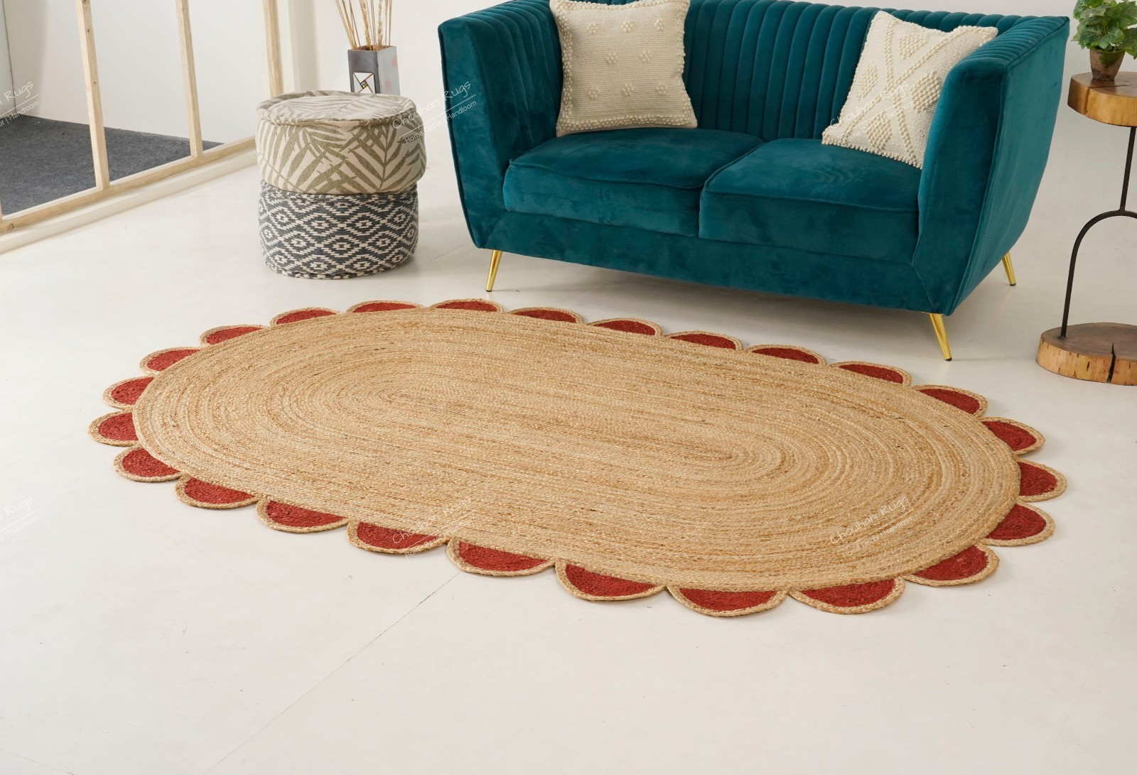 Handmade scalloped Jute rugs for Living Room Decor Beige With Red Border