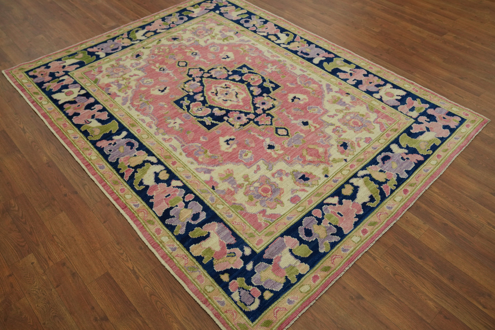 Vegetable Dye Pink/ Navy Blue Oushak Turkish Rug 5×7 ft Hand-knotted Wool Carpet