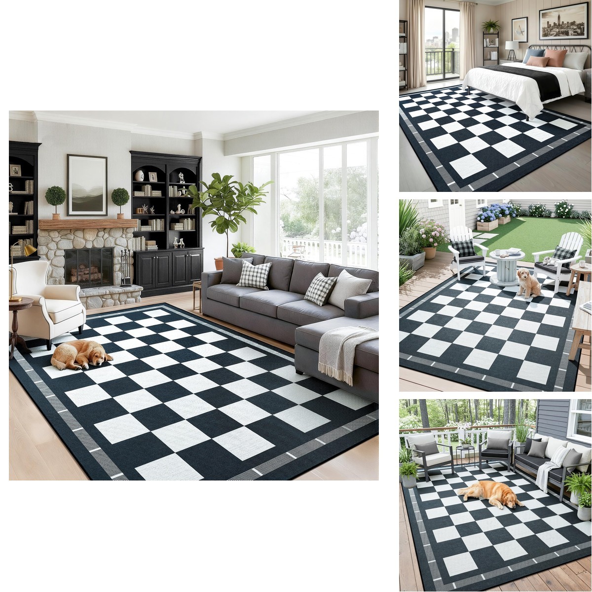 Vasofe 6×9 Checkered Jute Outdoor Indoor Area Rug Black and White Washable Non
