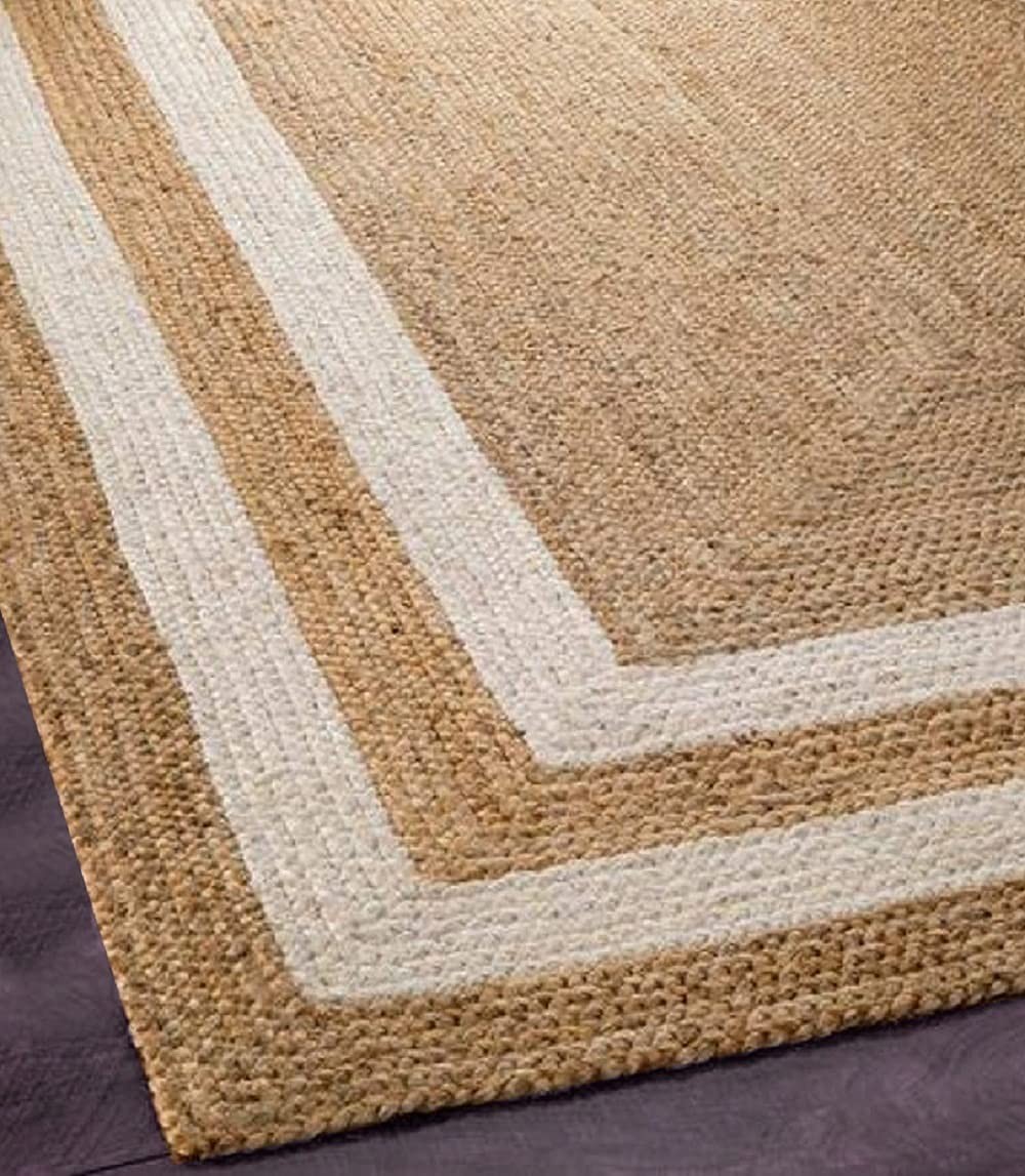 Natural Jute Area Rug with White Border Handwoven Carpet for Livingroom Boho Mat