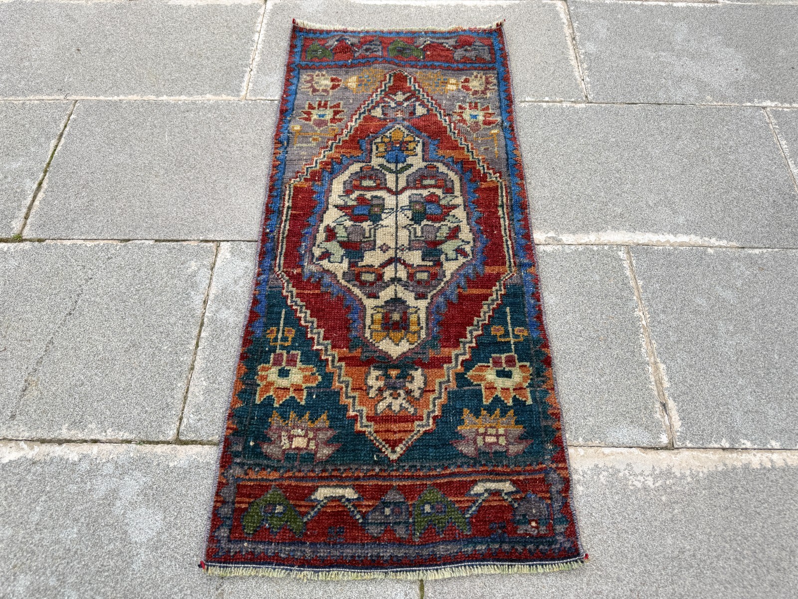 Vintage Turkish Rug 1.3×3.1 ft Faded Red Navy Blue Boho Accent Rug