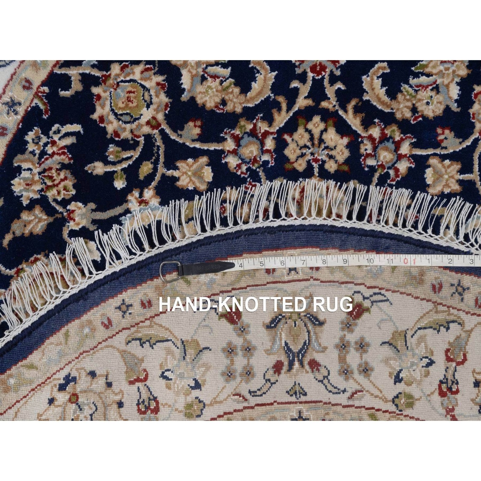 4’3″x4’3″ Midnight Blue Wool and Silk Nain Flower Design Hand Knotted Round Rug