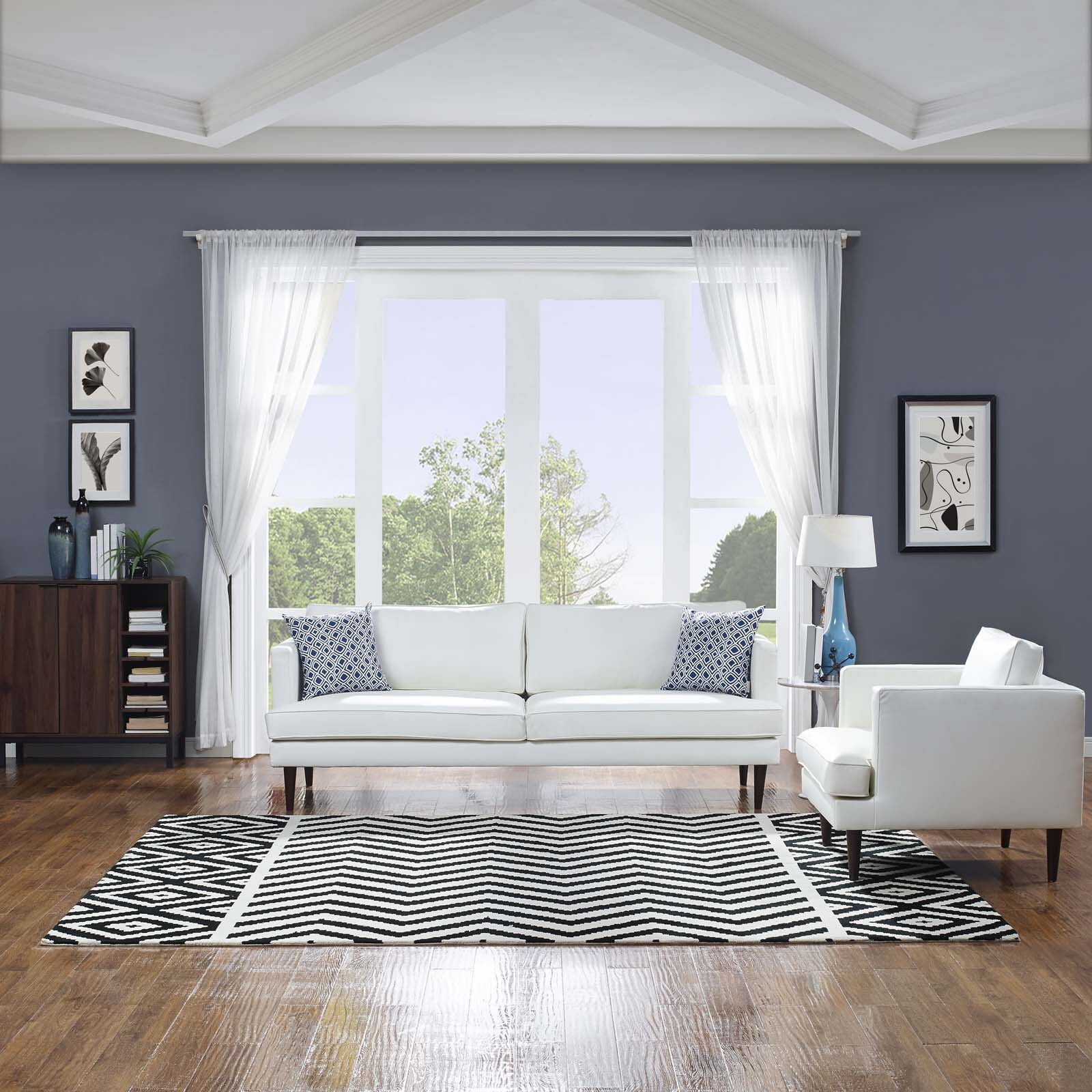 Modway Ailani Geometric Chevron / Diamond 8×10 Area Rug in Black and White