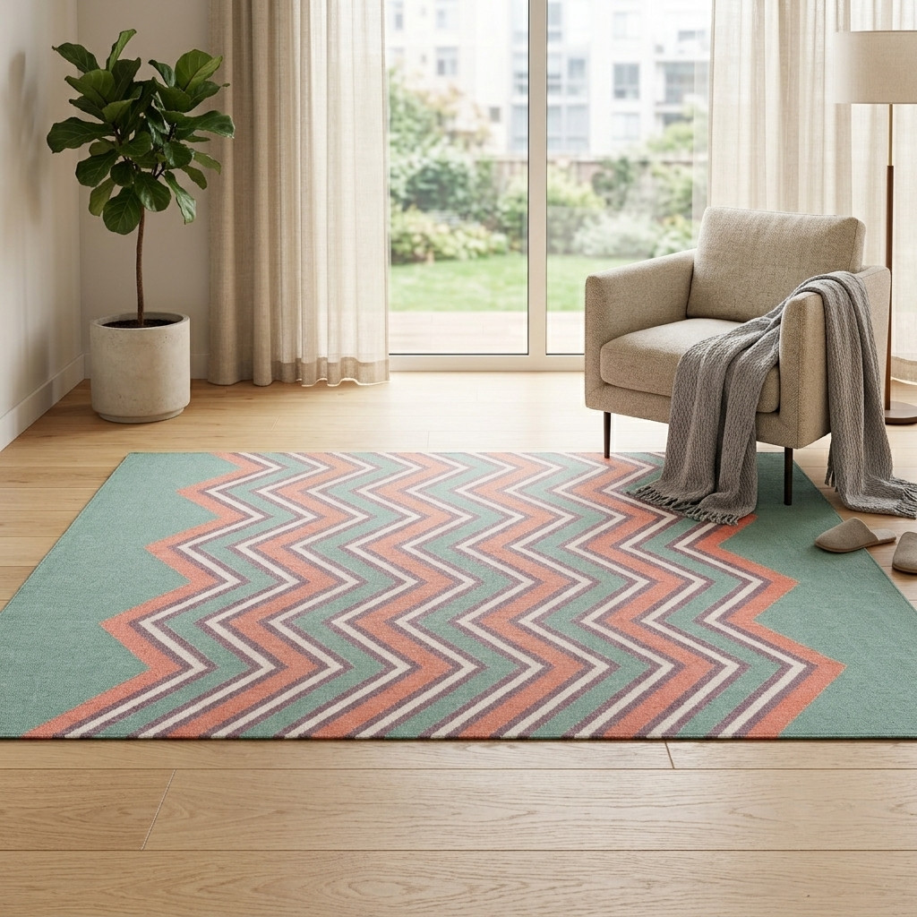 Handwoven Cotton Accent Rug 2.7×4 ft Mint Chevron Flat Weave Boho Dhurrie Rug