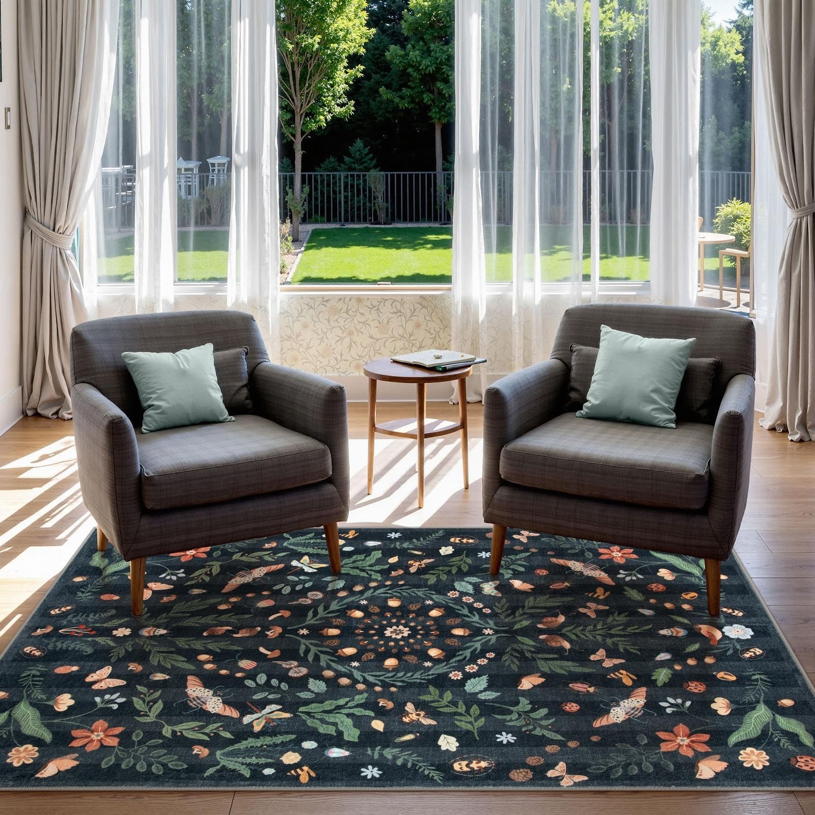 Lahome Insect Botanical 3×5 Washable Rugs for Entryway Soft Rug for Bedroom, Bla