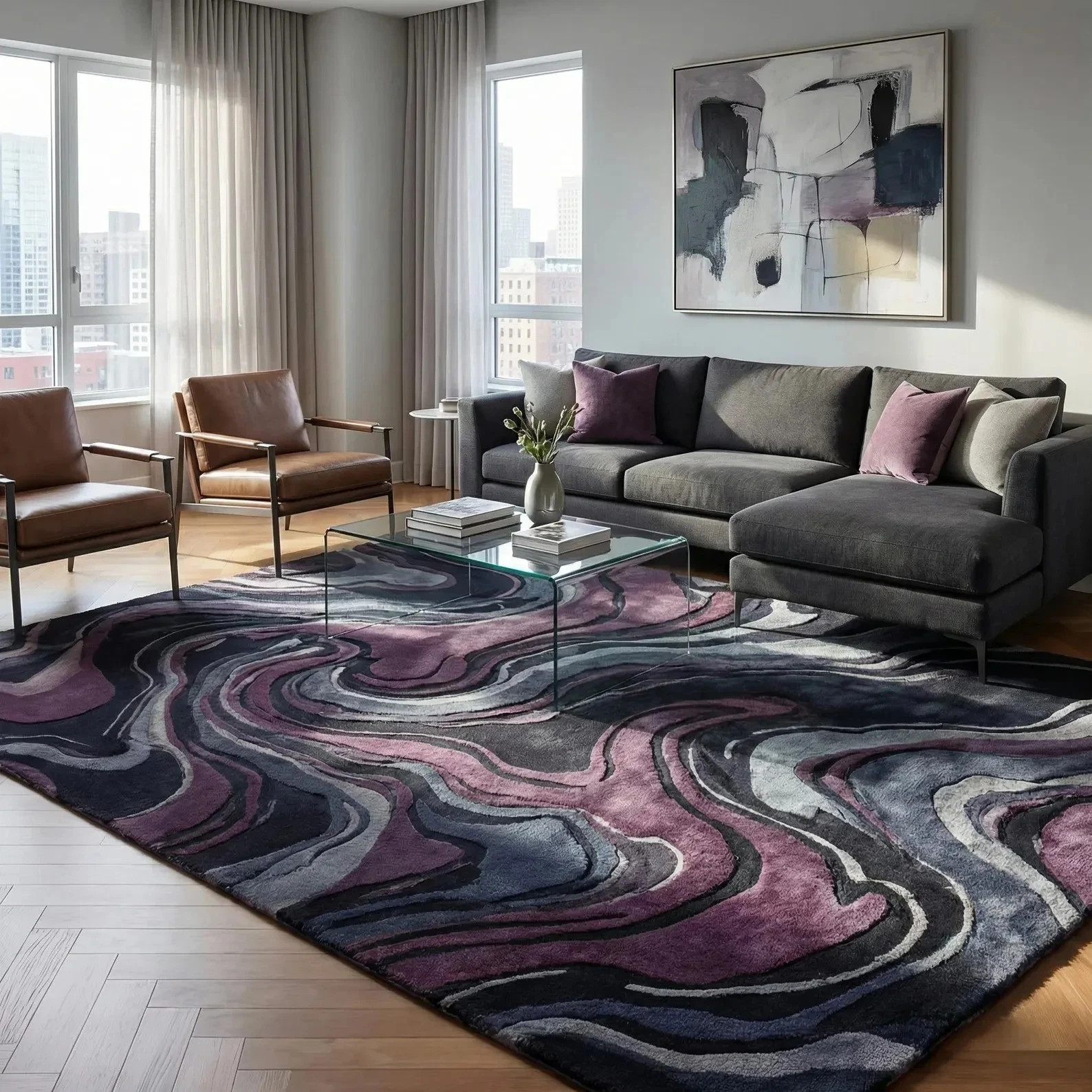 Modern Solid Purple Area Rug | Deep Aubergine Charcoal Organic Swirl Living Room