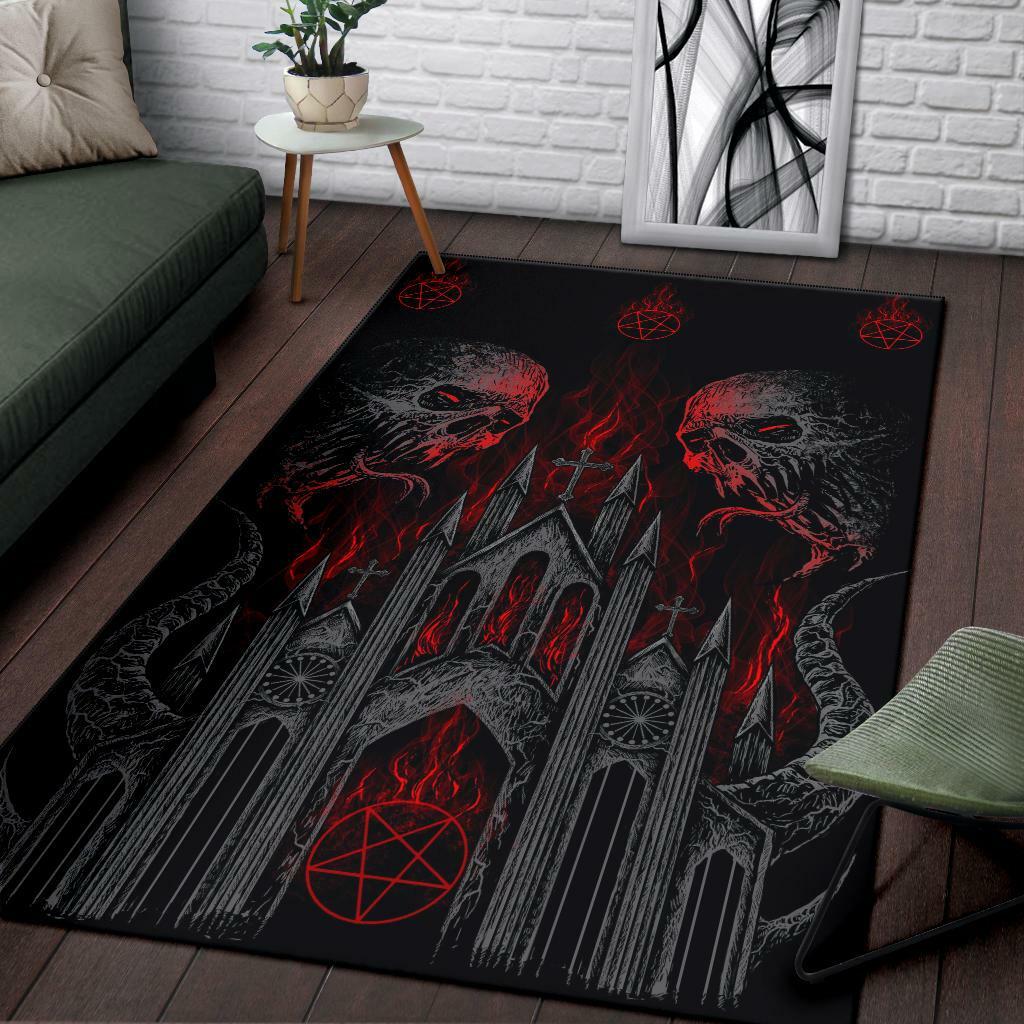 Skull Demon Satanic Pentagram Church Flame Area Rug Dark Color Version