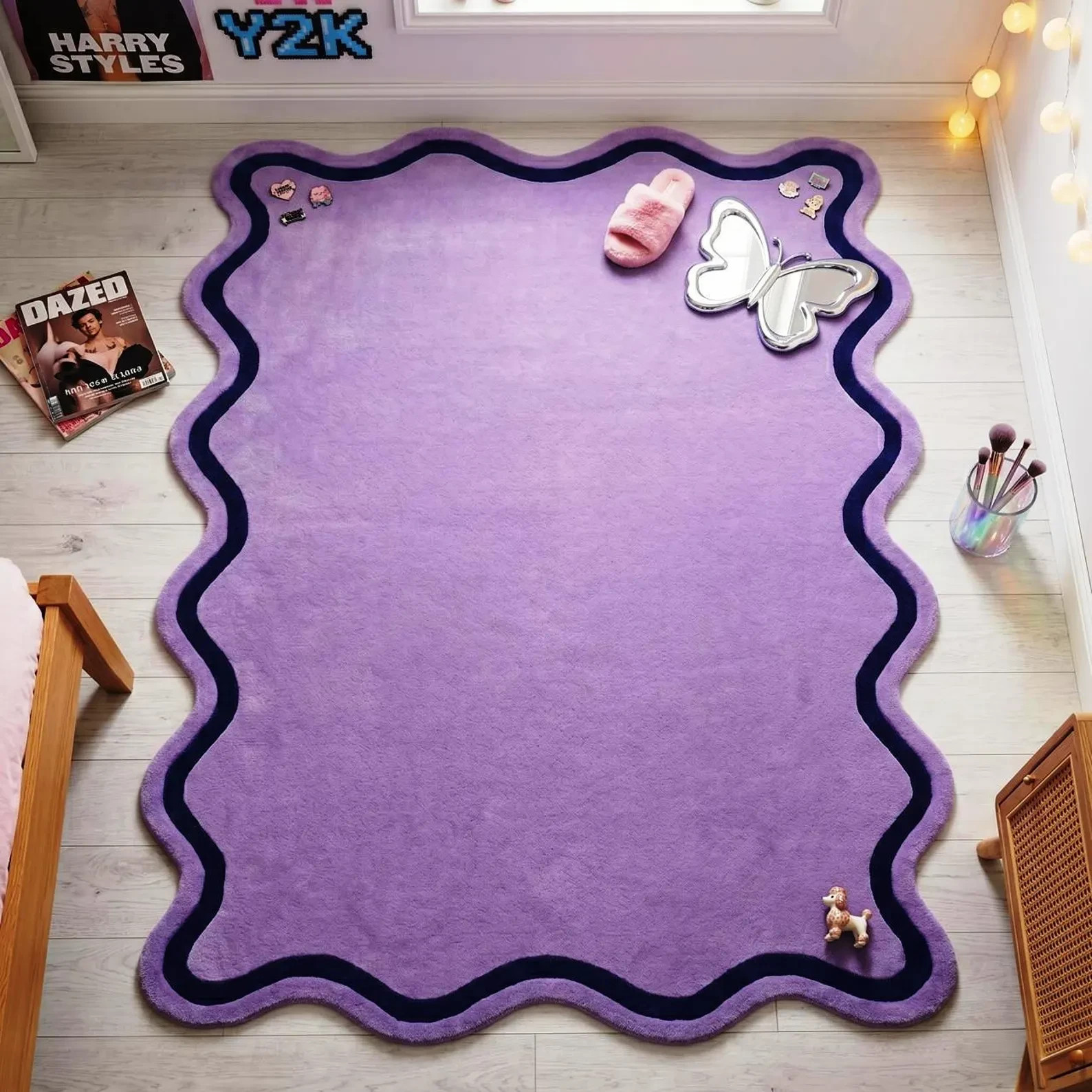 Hand-Tufted Lavender Nz Wool Rug, Scalloped Wavy Border Area Design Carpet Rug