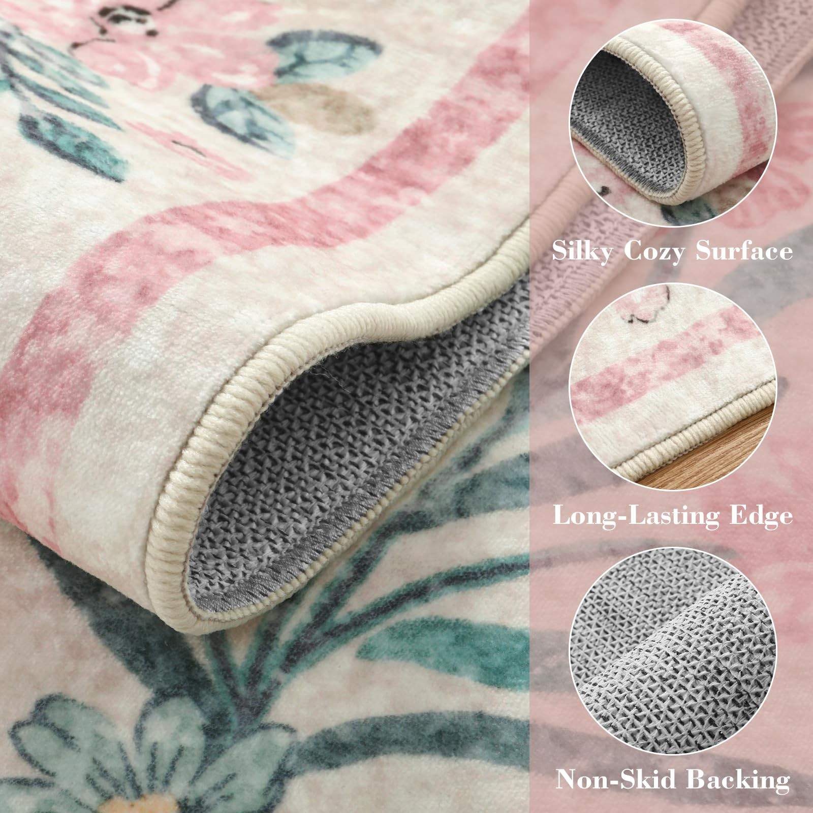 Pink Floral Round Rugs 5ft, Soft Circle Rug Non Slip Washable Round Carpet, B…