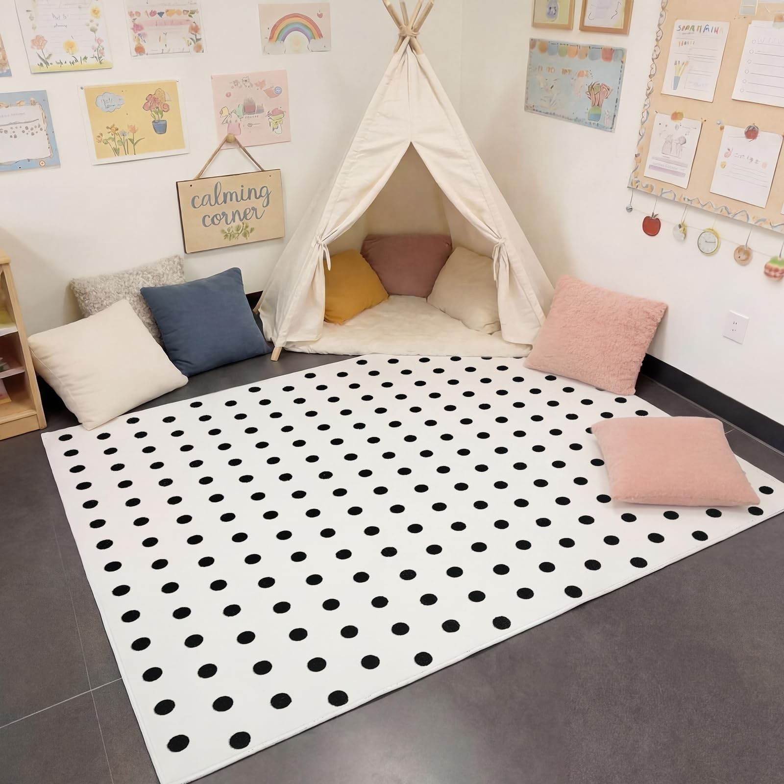 3.3 x 4 ft Calming Corner Classroom Rug Polka Dot Black and White Boho Readin…