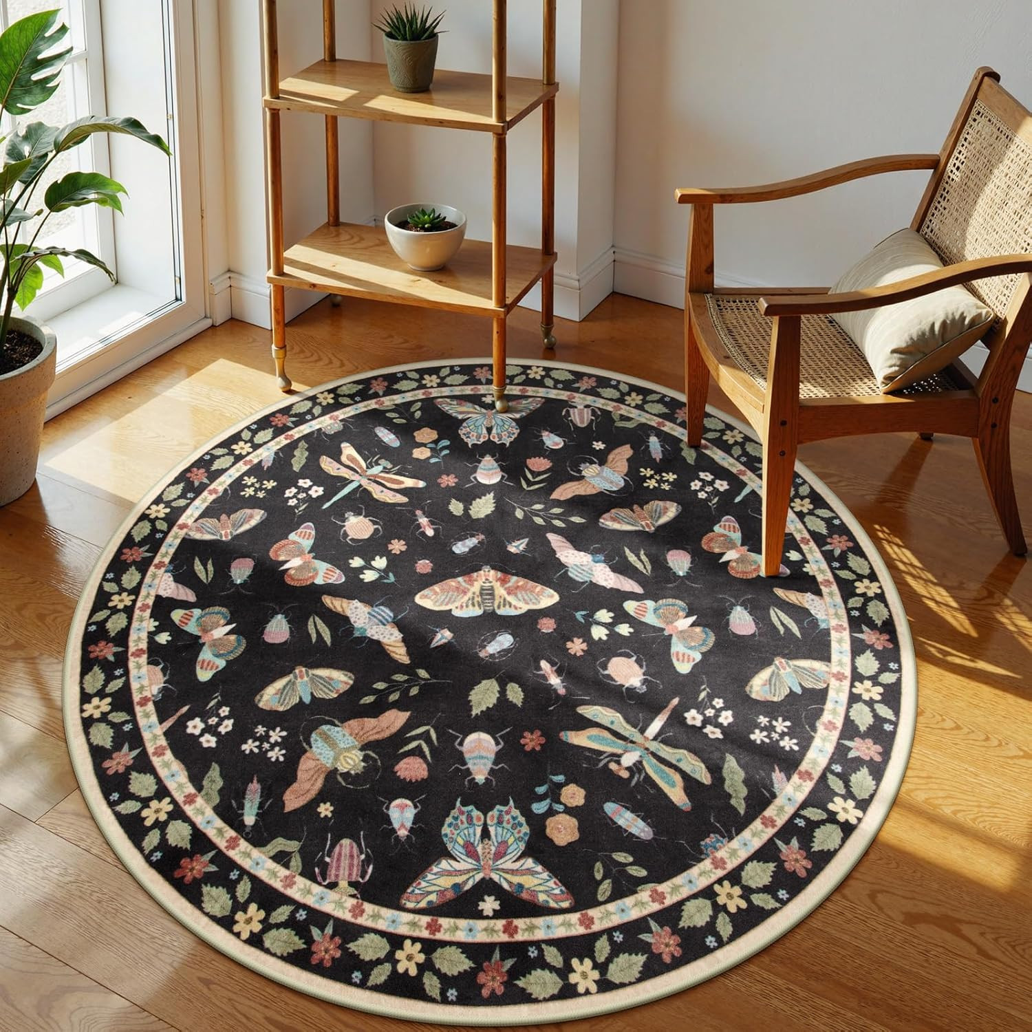 4Ft Black Round Boho Rug Non Slip Washable Ultra Thin Soft Circle Area Carpet