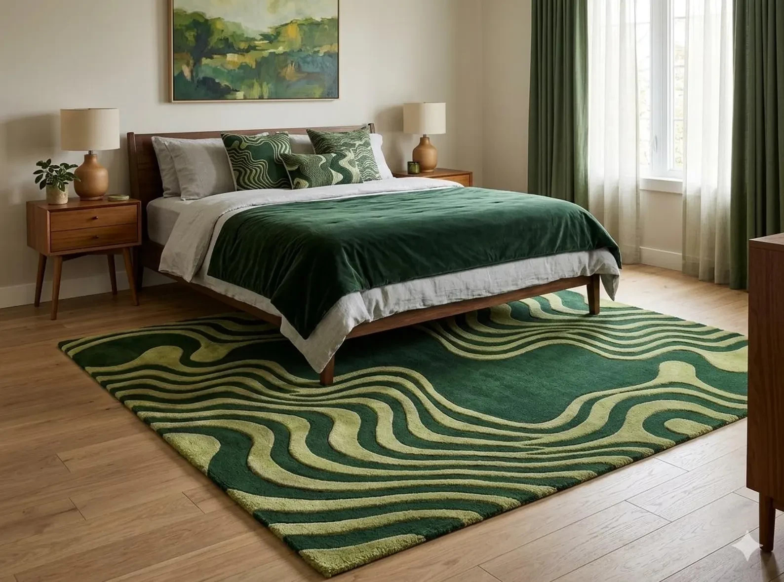 Luxurious Wavy Green Abstract Area Rug – Modern Statement Piece for Living Room