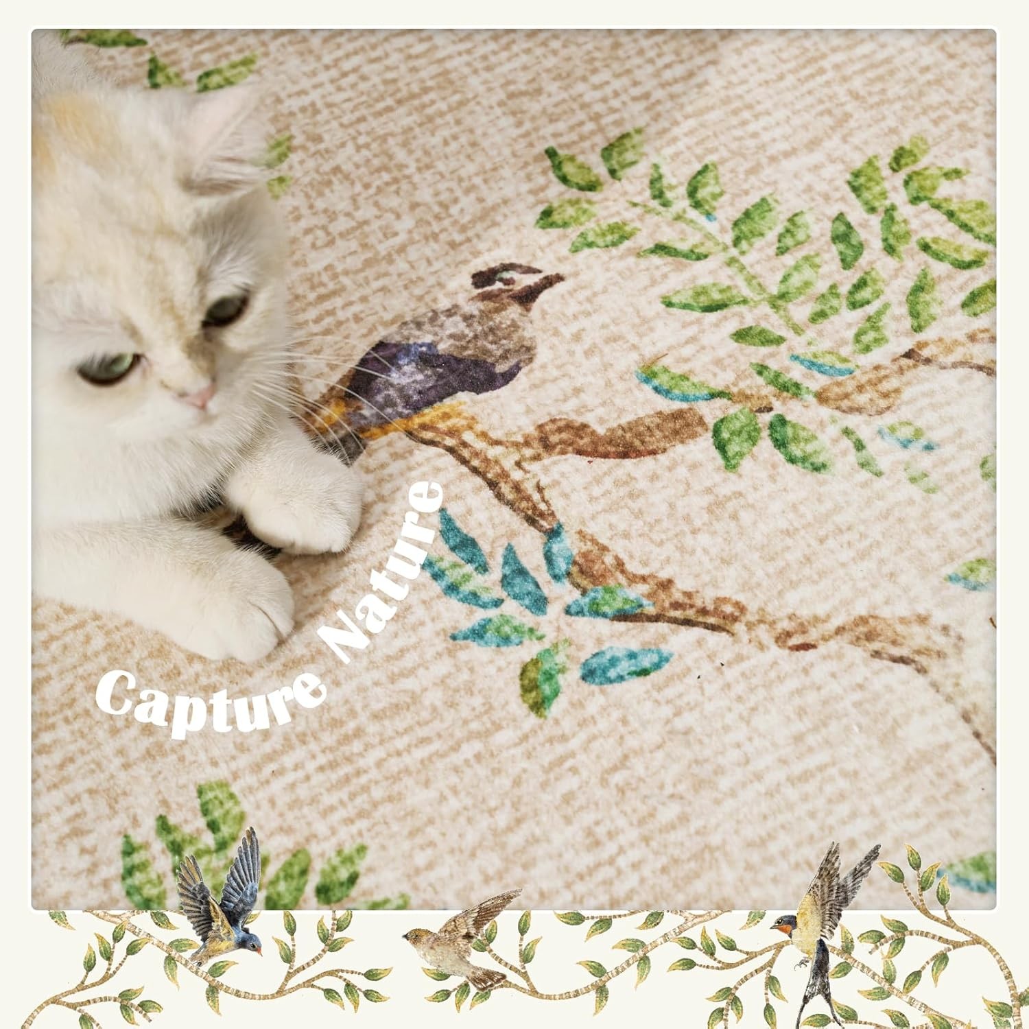 Yarden Round Rugs 5ft Beige Botanical Birds Print Machine Washable 5′ Circle