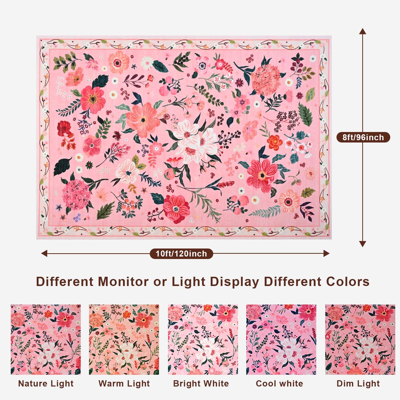 8×10 Pink Floral Area Rug for Living Room,Boho Machine Washable Ultra-Thin Ru…