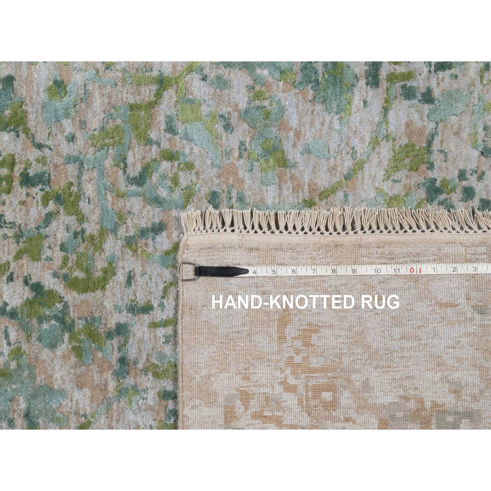 11’10″x15’1″ Green Erased Medallion Design Hand Knotted Wool & Silk XL Rug 92462