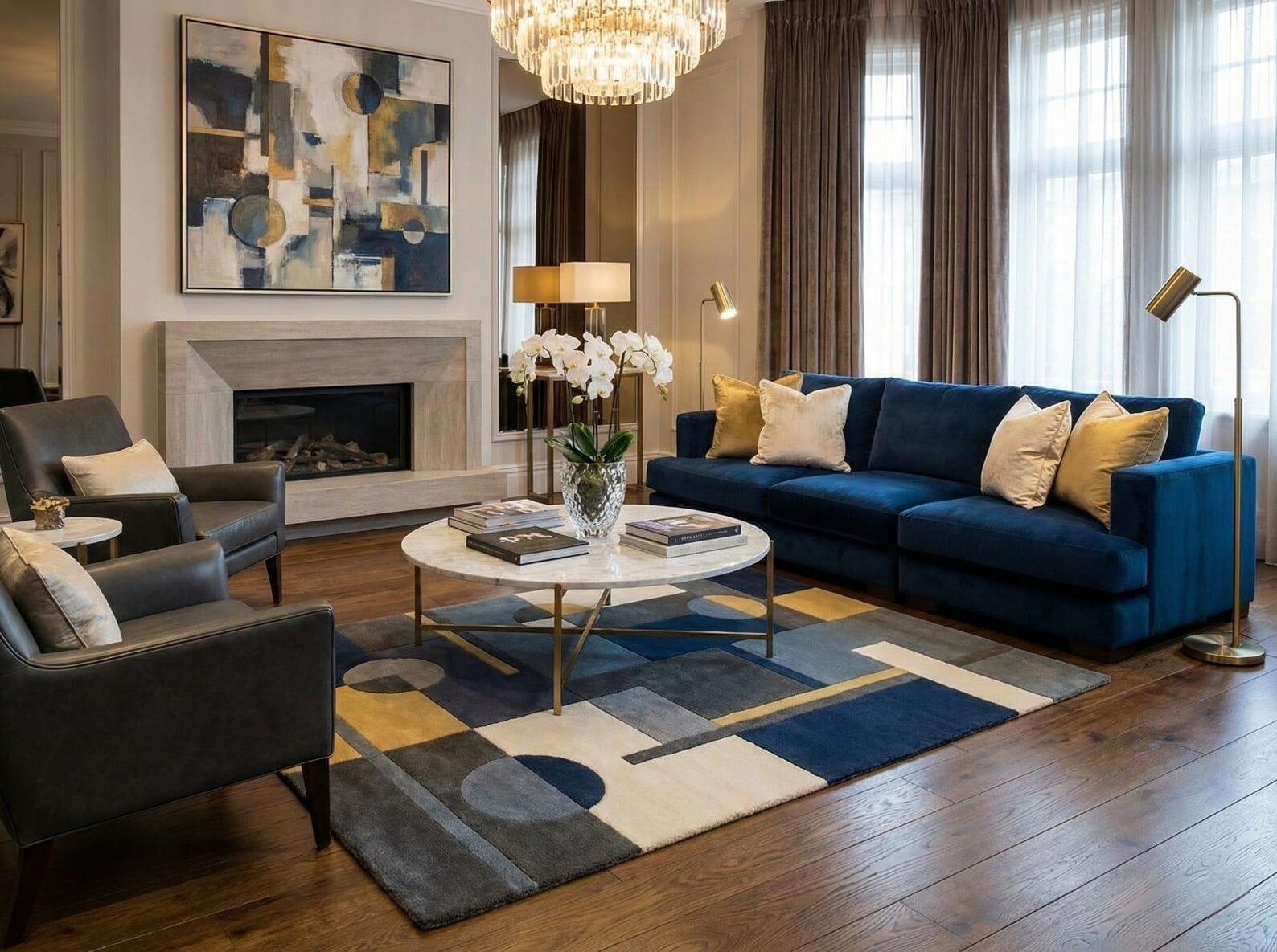 Hand-Tufted Wool Rug | Modern Abstract Geometric Navy Mustard Handmade Carpet.