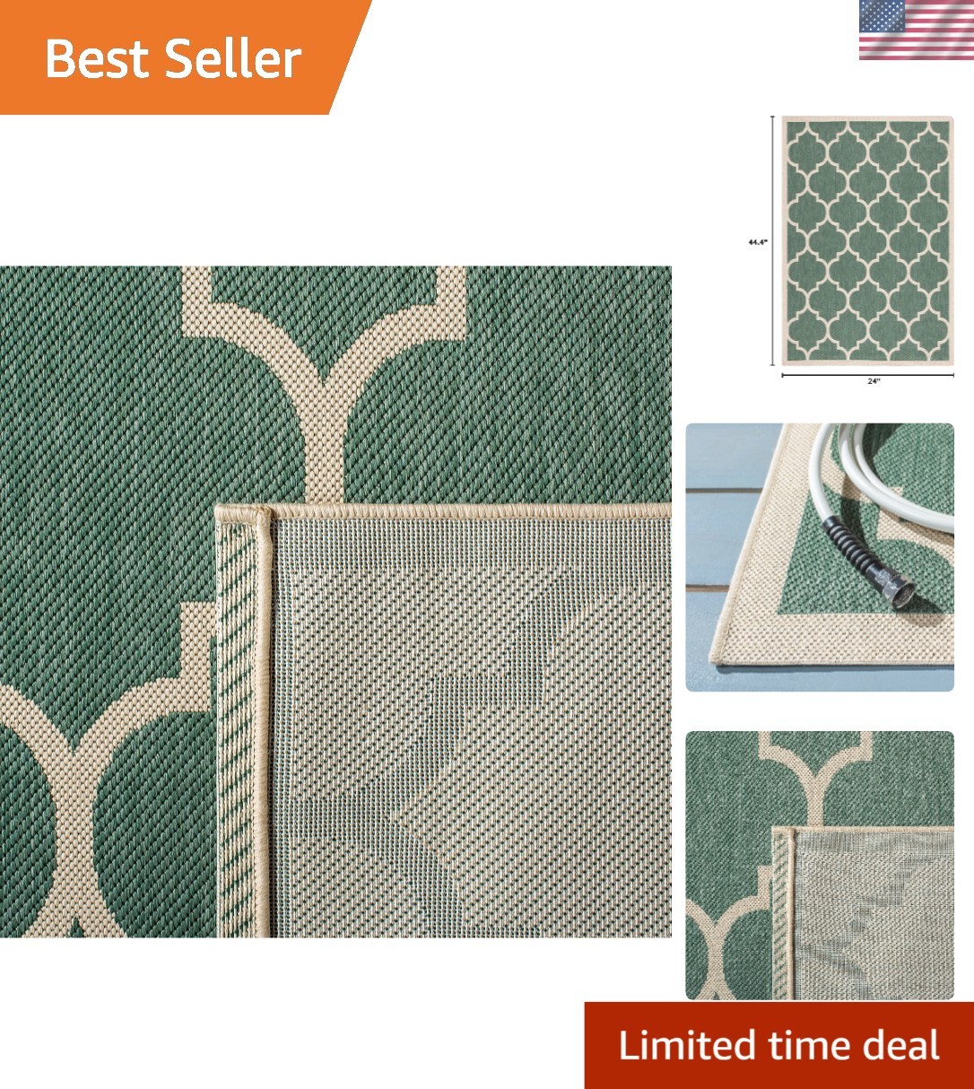 Stylish 2′ x 3’7” Washable Outdoor Rug – Dark Green & Beige for Patio & Entryway