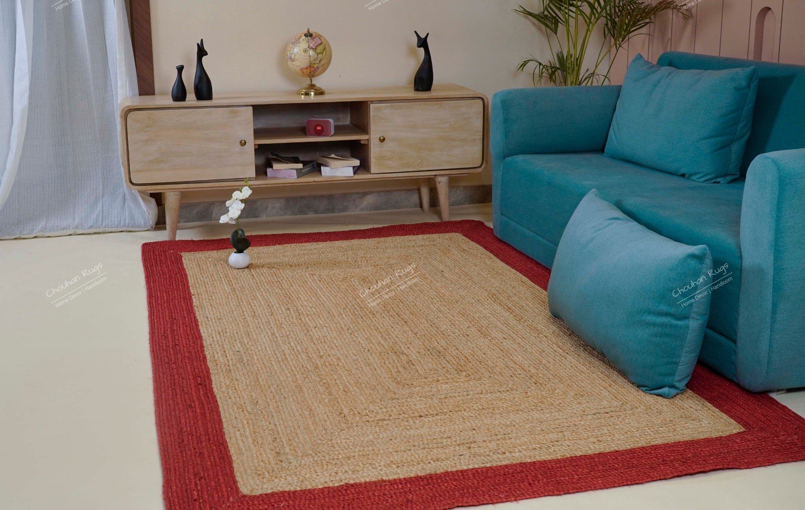 Farmhouse decor Vintage style Natural jute rug with red border 8×10 ft area rug
